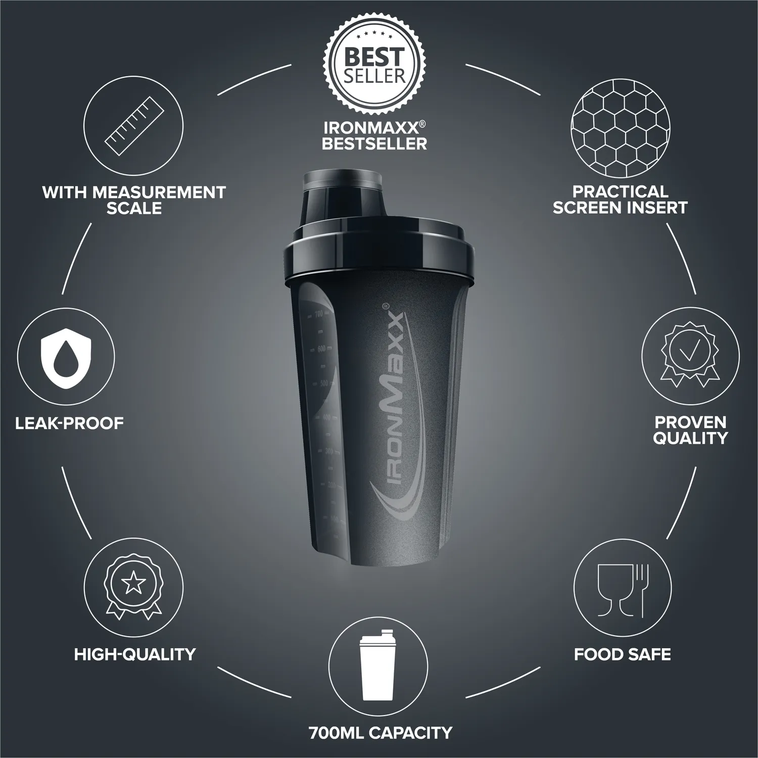 IronMaxx Shaker 700 ml Deep Black BPA-frei