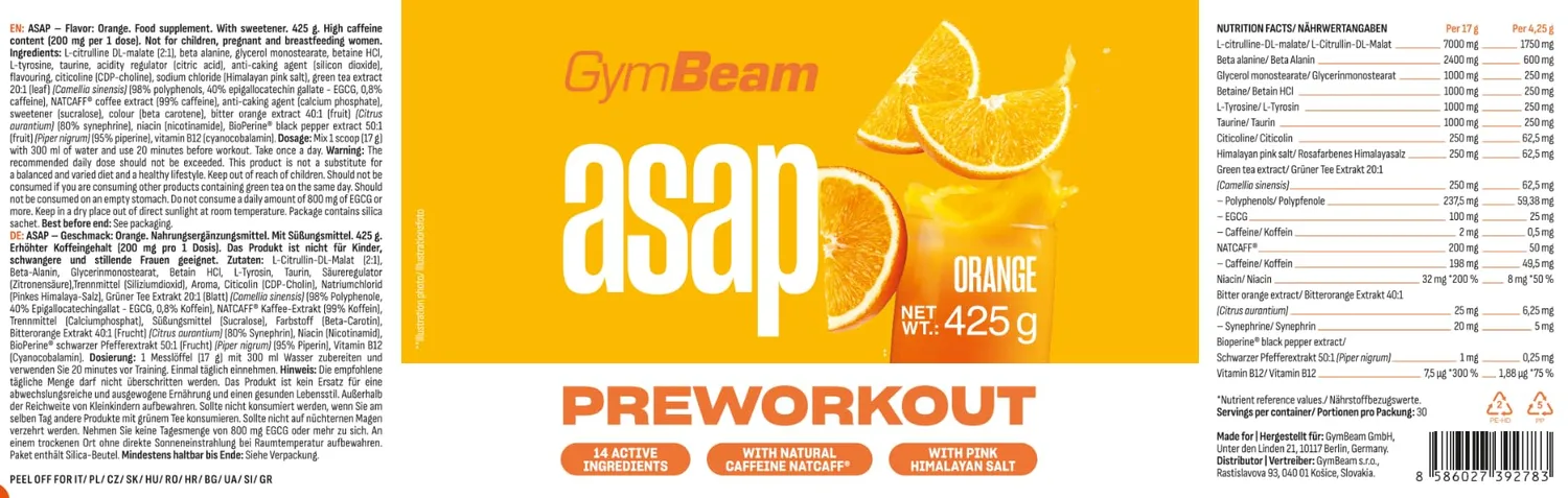 GymBeam ASAP Pre-Workout Booster Orange 425g vegan