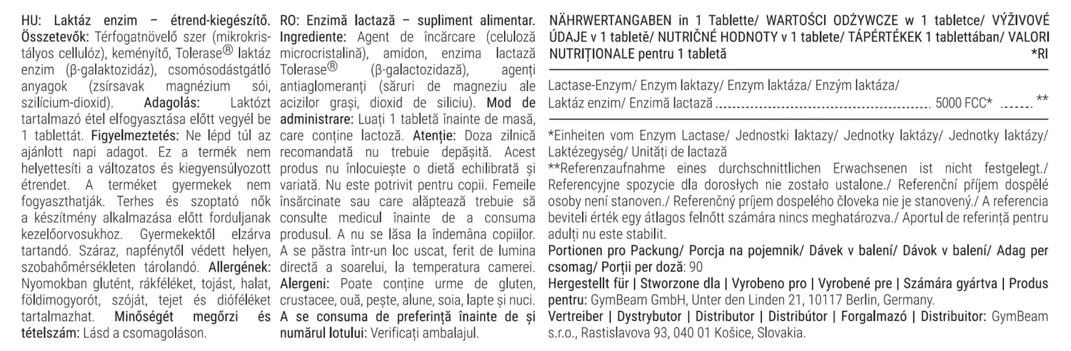 GymBeam Laktase-Enzym Tolerase Kapseln 90 Stück 5000 FCC