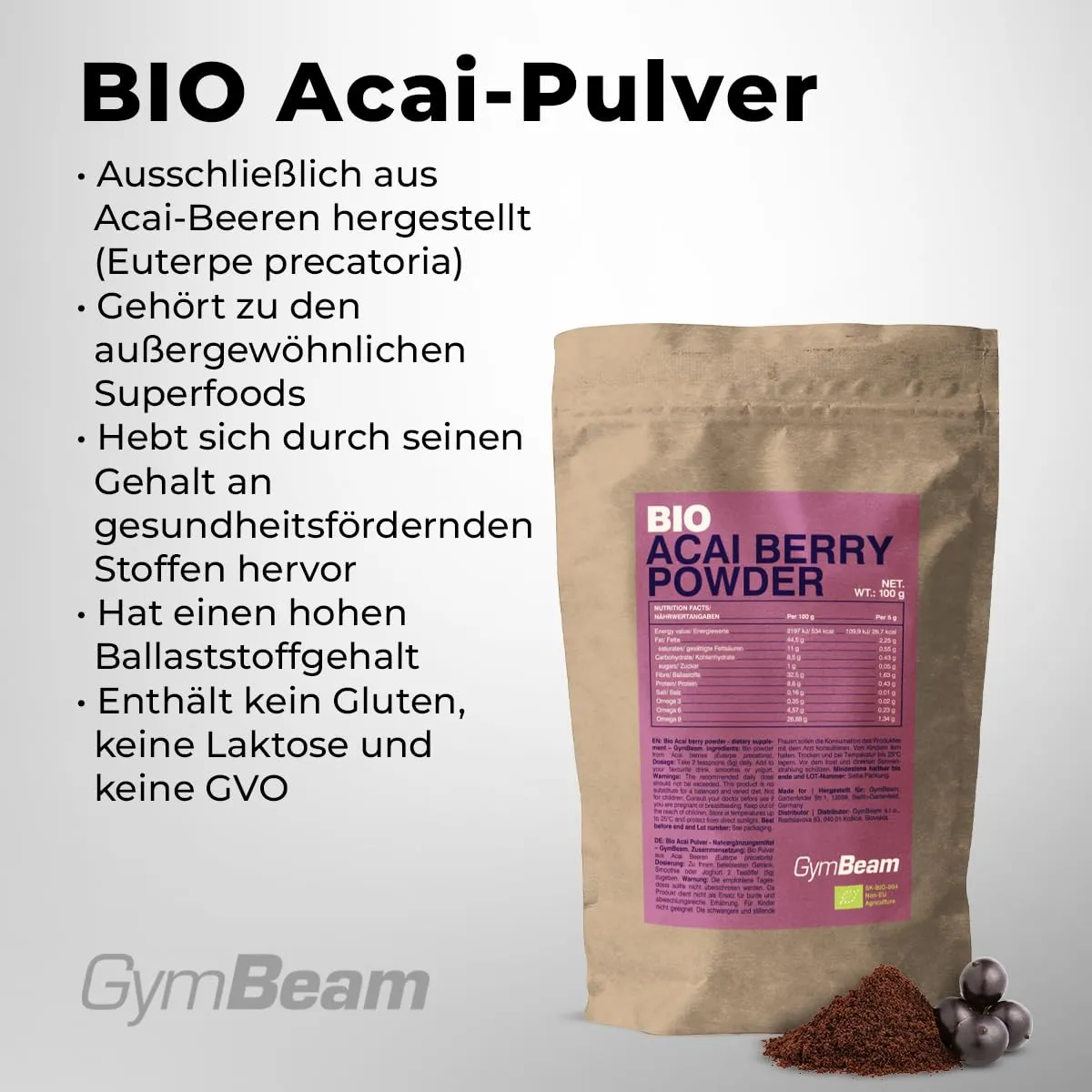 GymBeam Bio Acai Pulver 100 g vegan Ballaststoffe