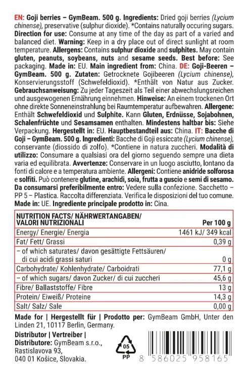 GymBeam Gojibeeren getrocknet 500 g Ballaststoffe