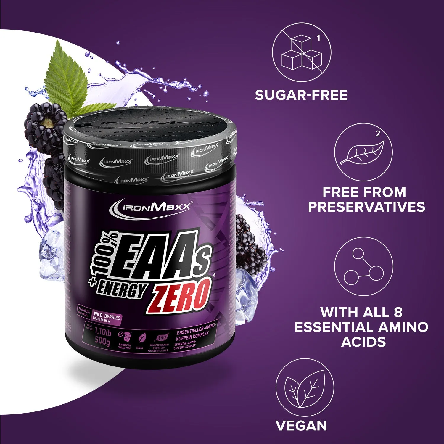 IronMaxx EAAs + Energy ZERO Pulver 500g Wild Berries