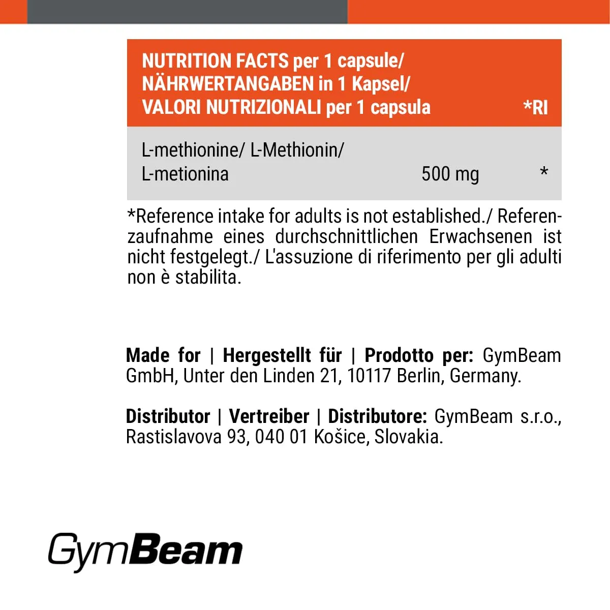 GymBeam L-Methionin Kapseln 500 mg 120 Kapseln