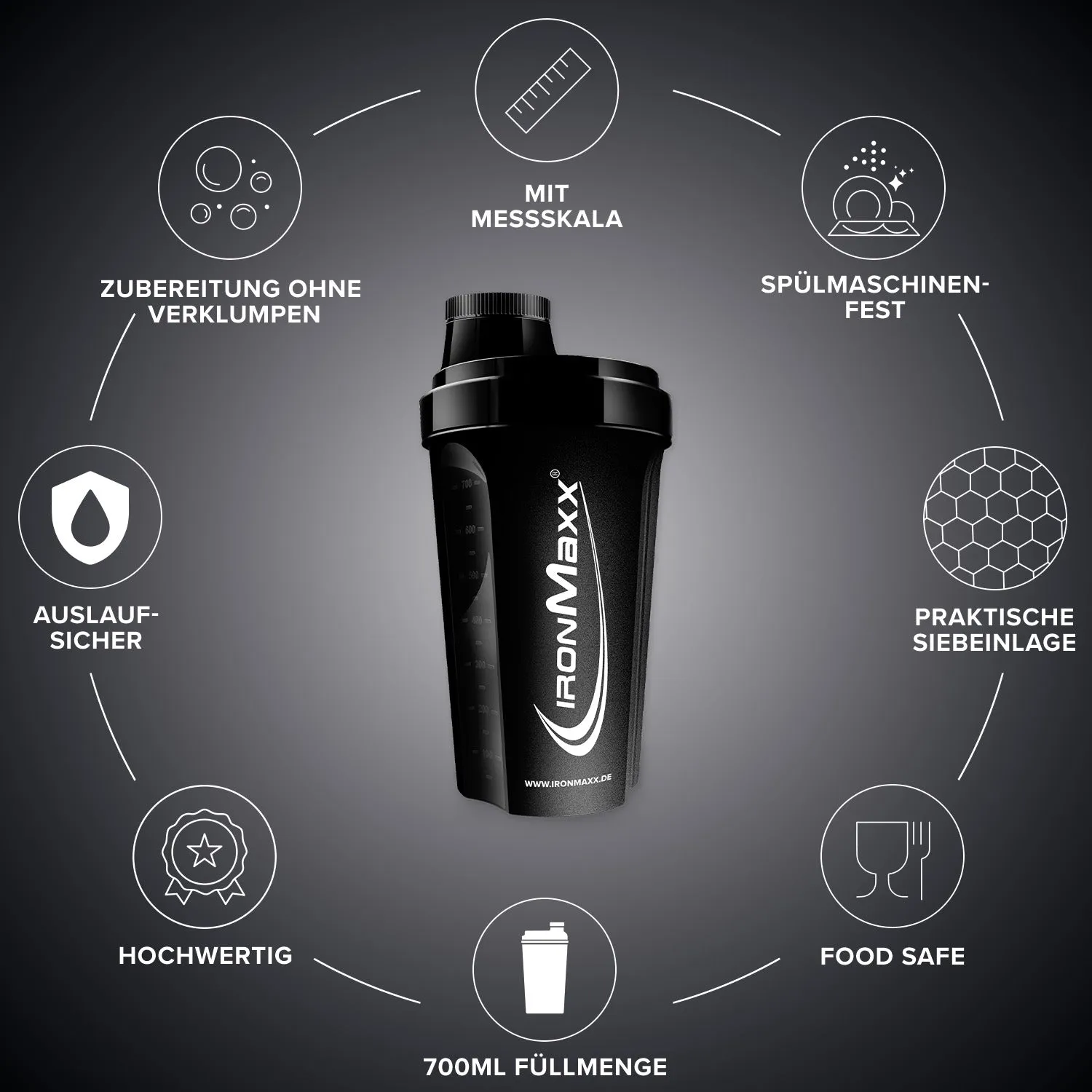 IronMaxx Shaker 700ml Schwarz klumpenfrei