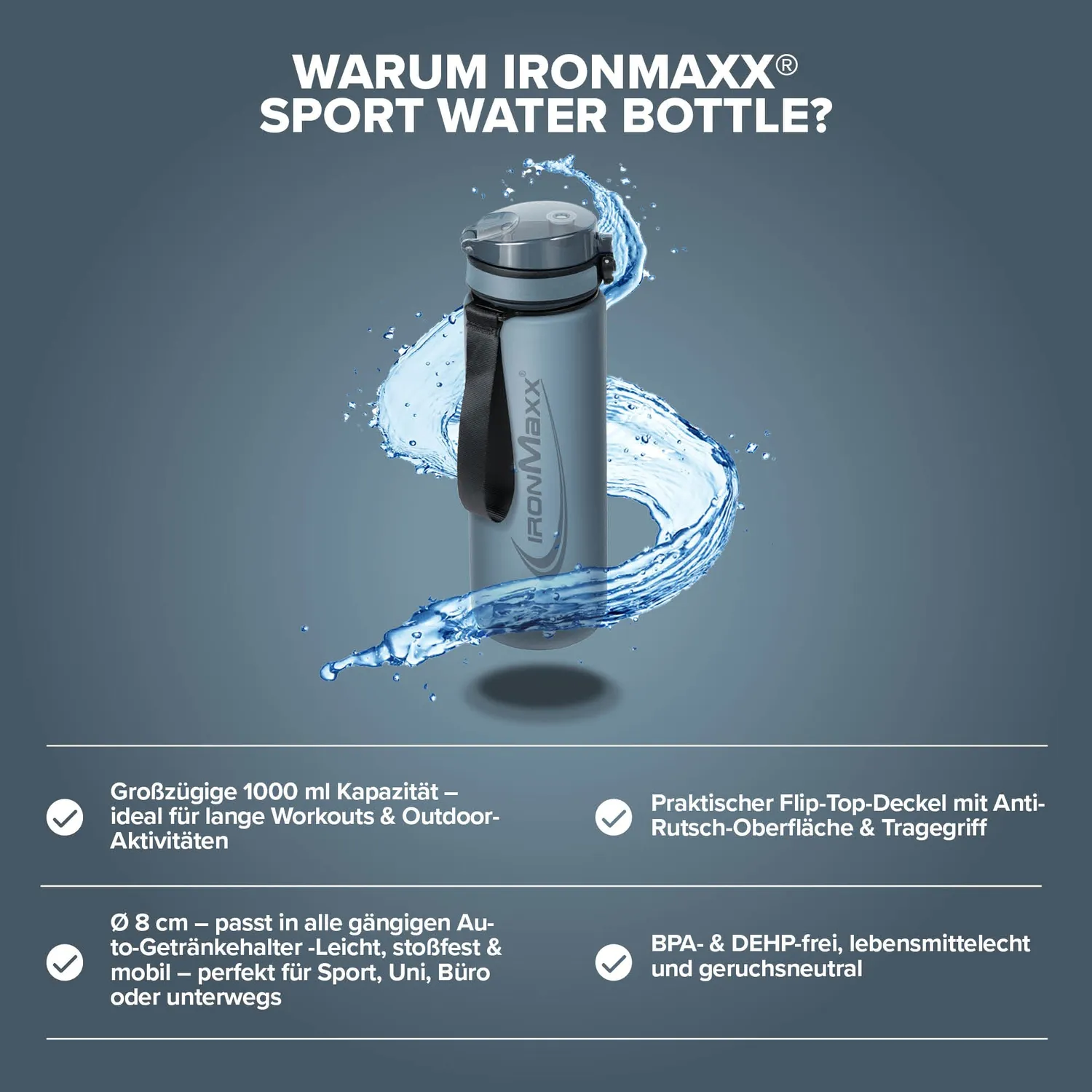IronMaxx Sport Water Bottle Trinkflasche 1000ml Kyanite Blue