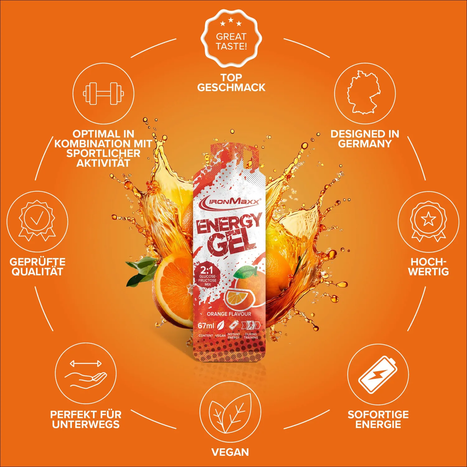 IronMaxx Hydro Energy Gel Orange 67ml mit Elektrolyten