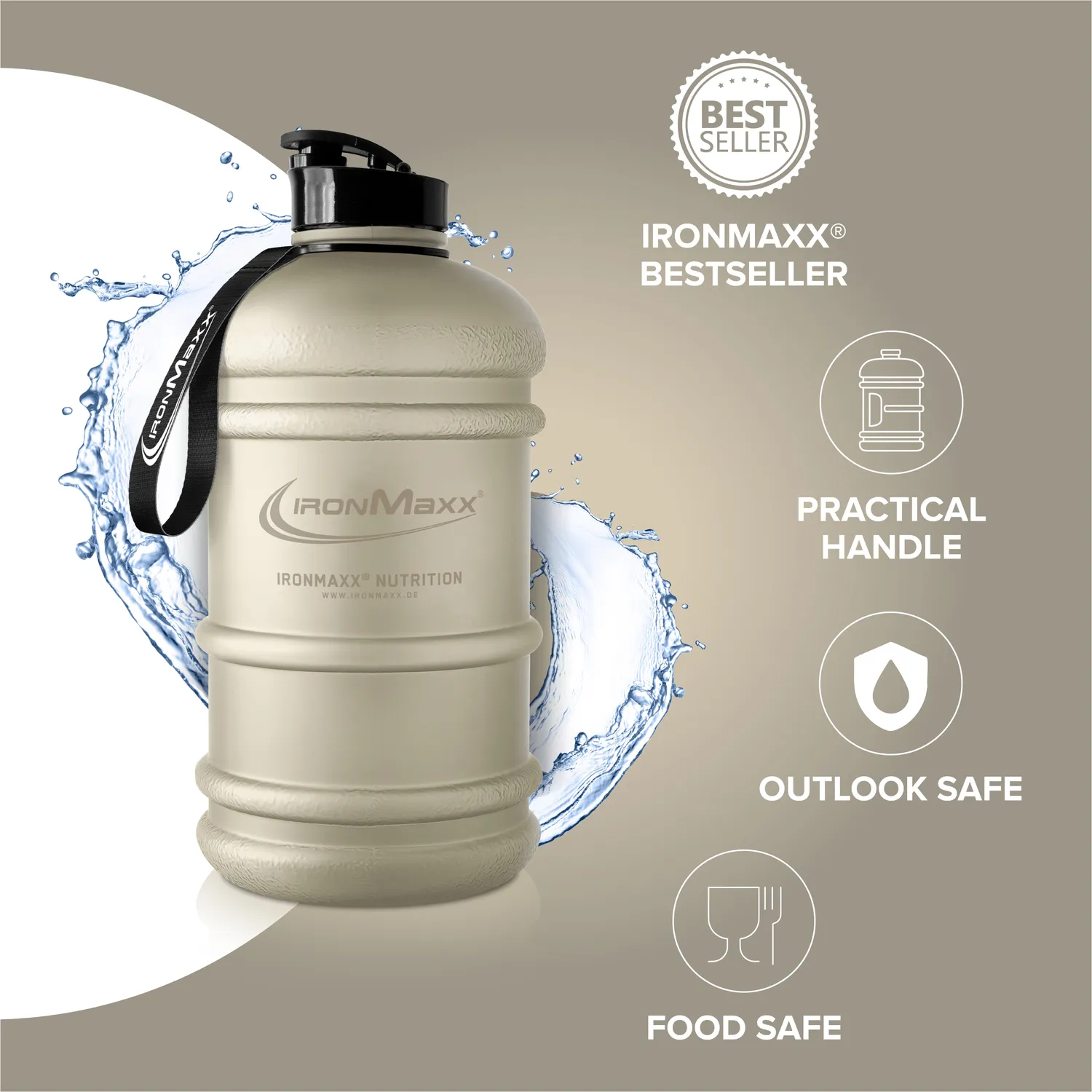 IronMaxx Water Gallon Trinkflasche 2200ml Sandstone Beige BPA-frei