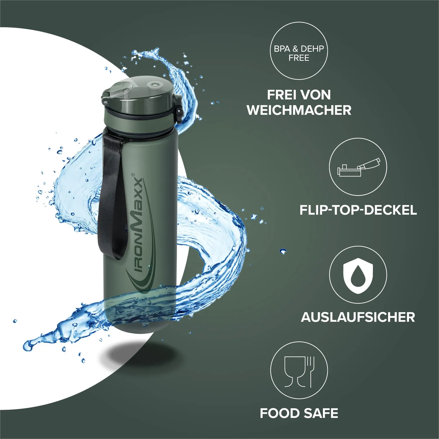 IronMaxx Sport Water Bottle Trinkflasche 1000ml Mineral Green