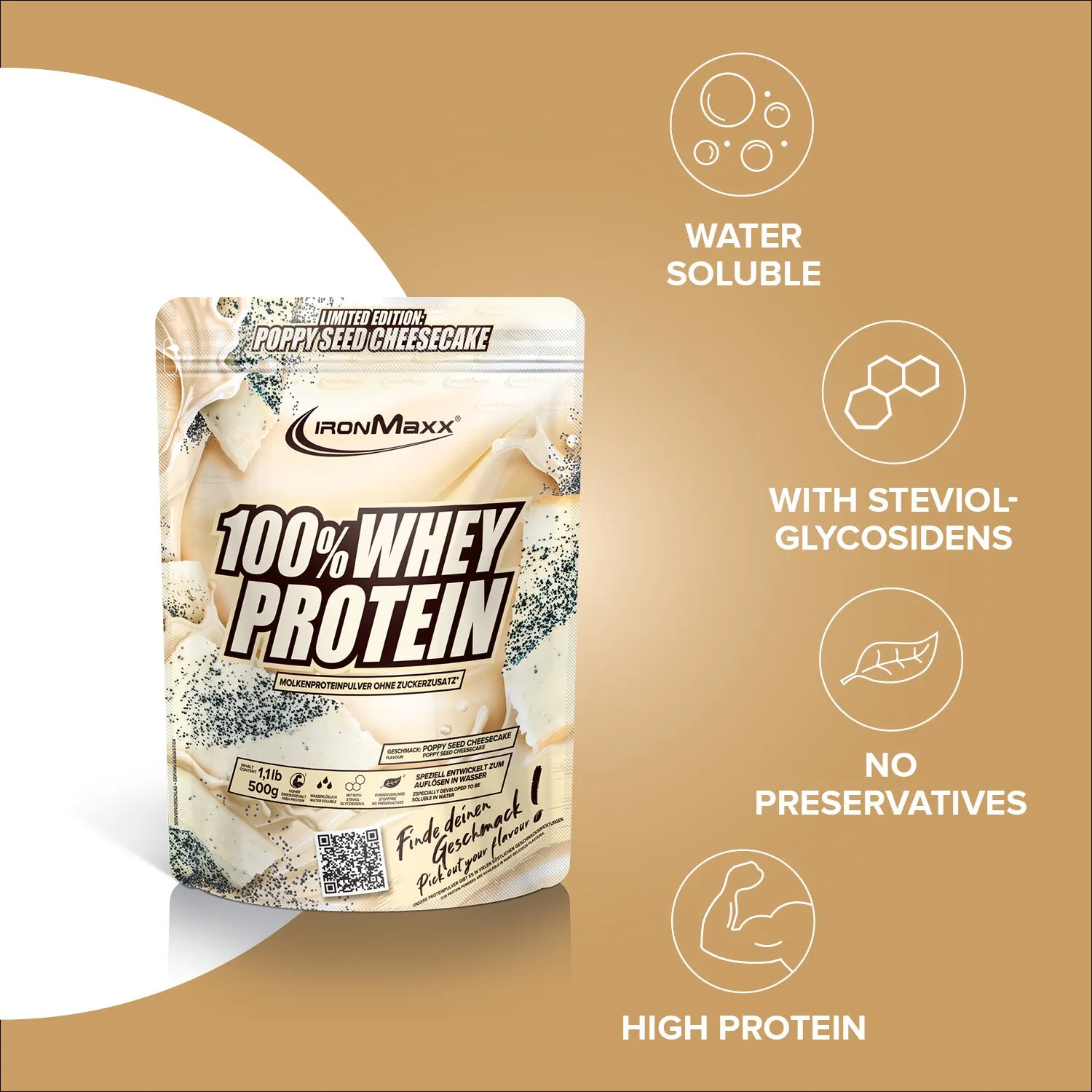 IronMaxx 100% Whey Proteinpulver 500g Mohn-Cheesecake zuckerfrei