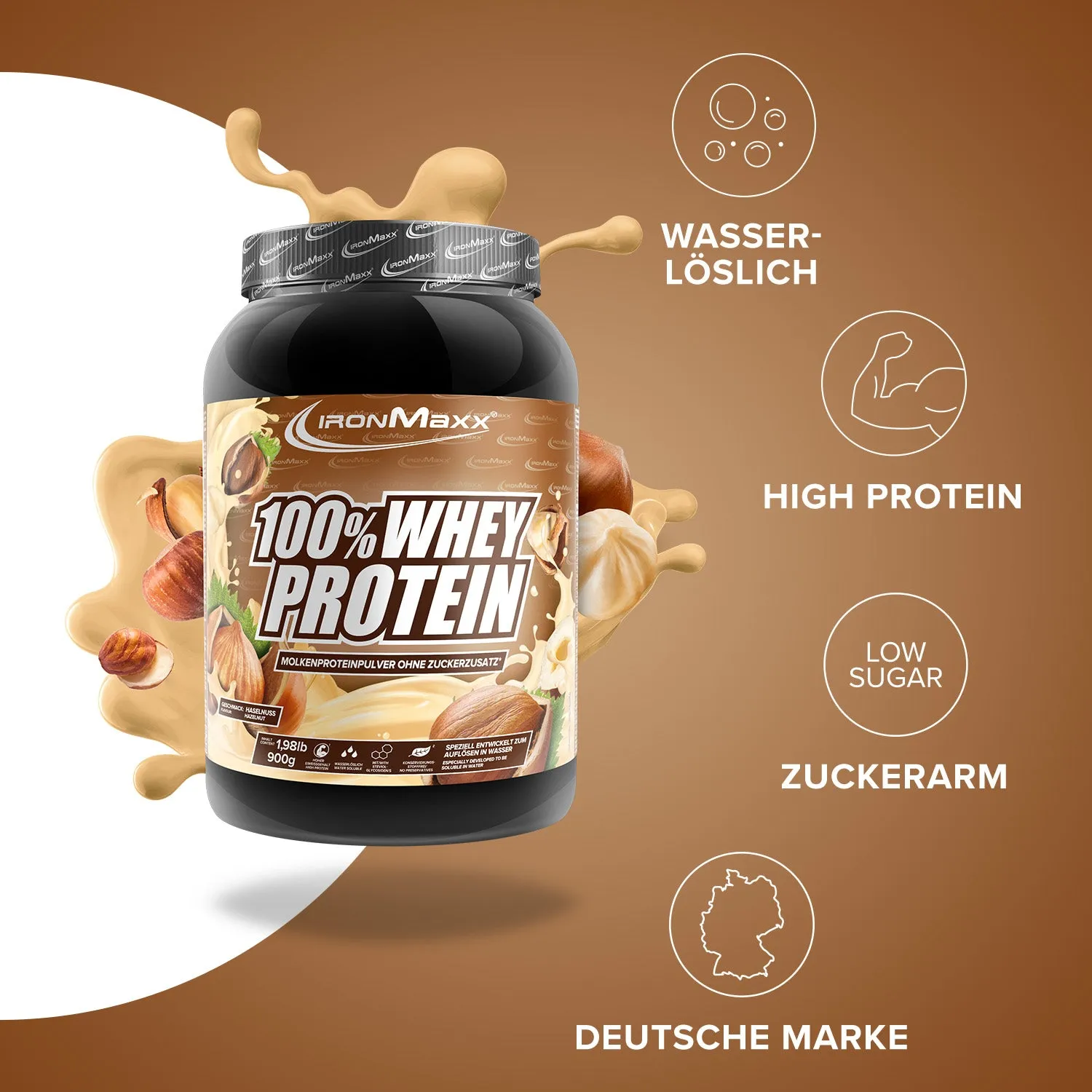 IronMaxx 100% Whey Protein 900g Haselnuss 80% Eiweiß