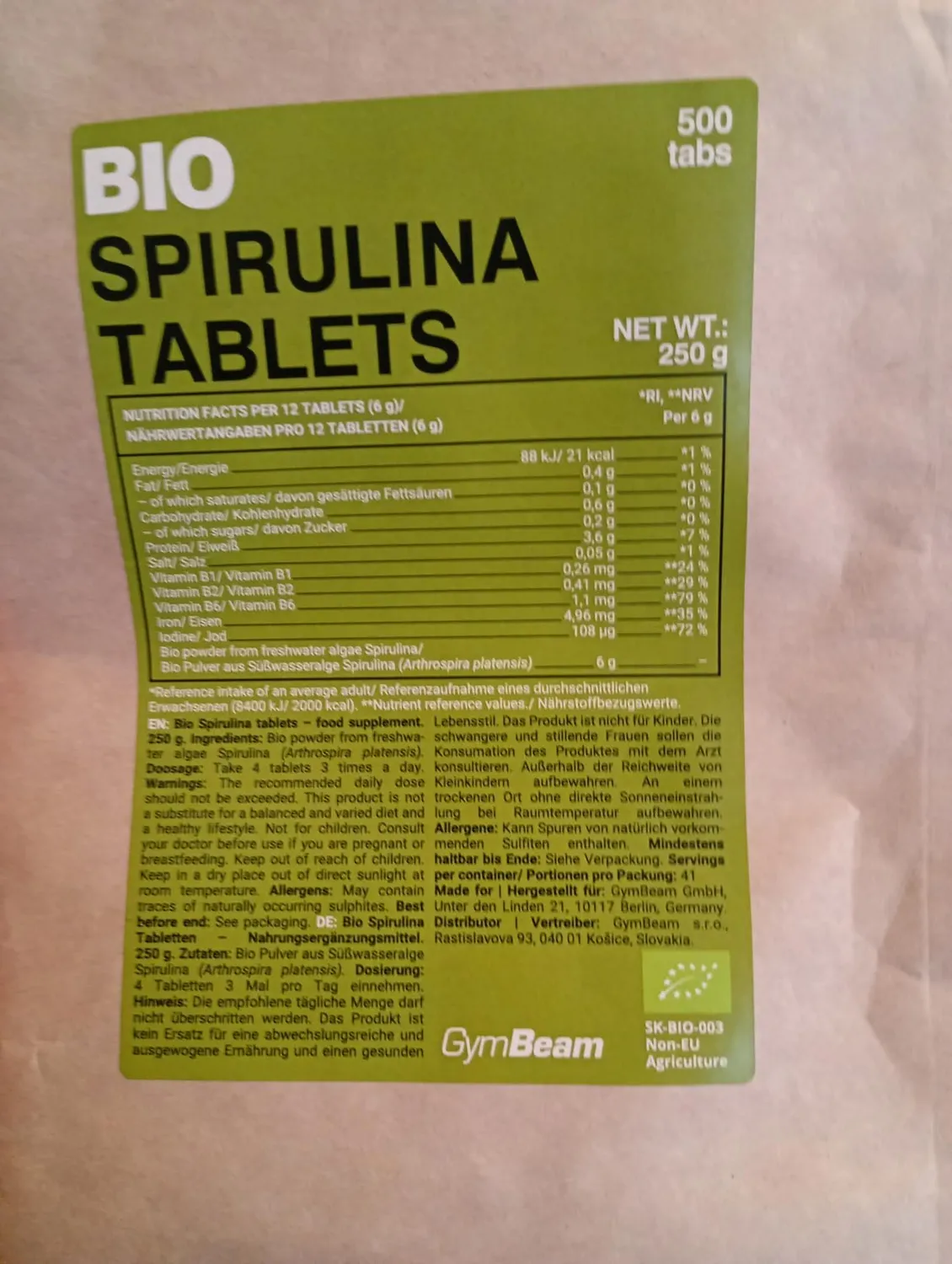 GymBeam BIO Spirulina Tabletten 500 Stück vegan