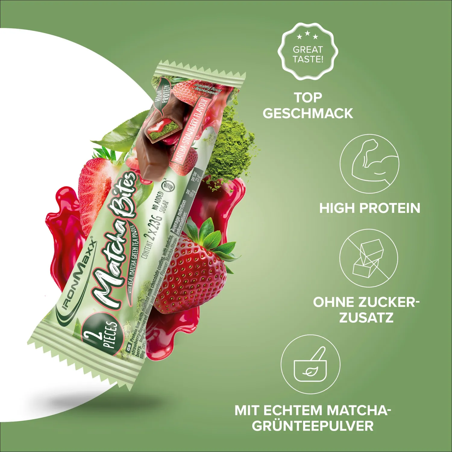 IronMaxx Matcha Bites Proteinriegel Matcha-Strawberry 24x46g