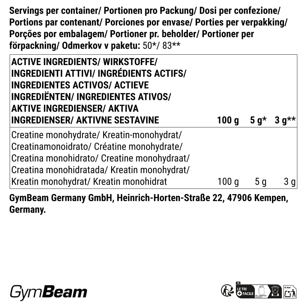 GymBeam Creatin Monohydrat Pulver 250g geschmacksneutral vegan