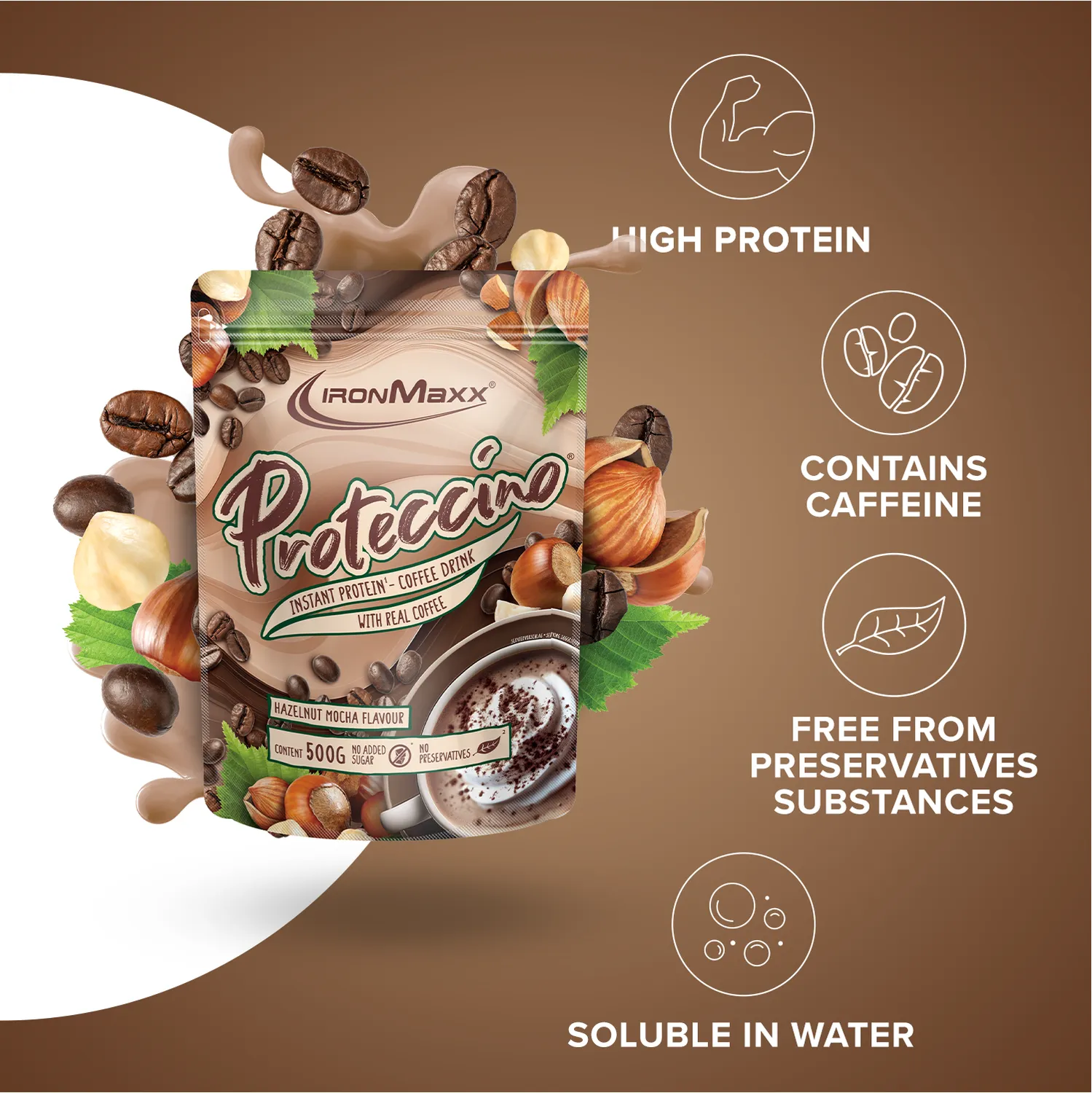IronMaxx Proteccino Proteinpulver Haselnuss Mocha 500g mit Kaffee