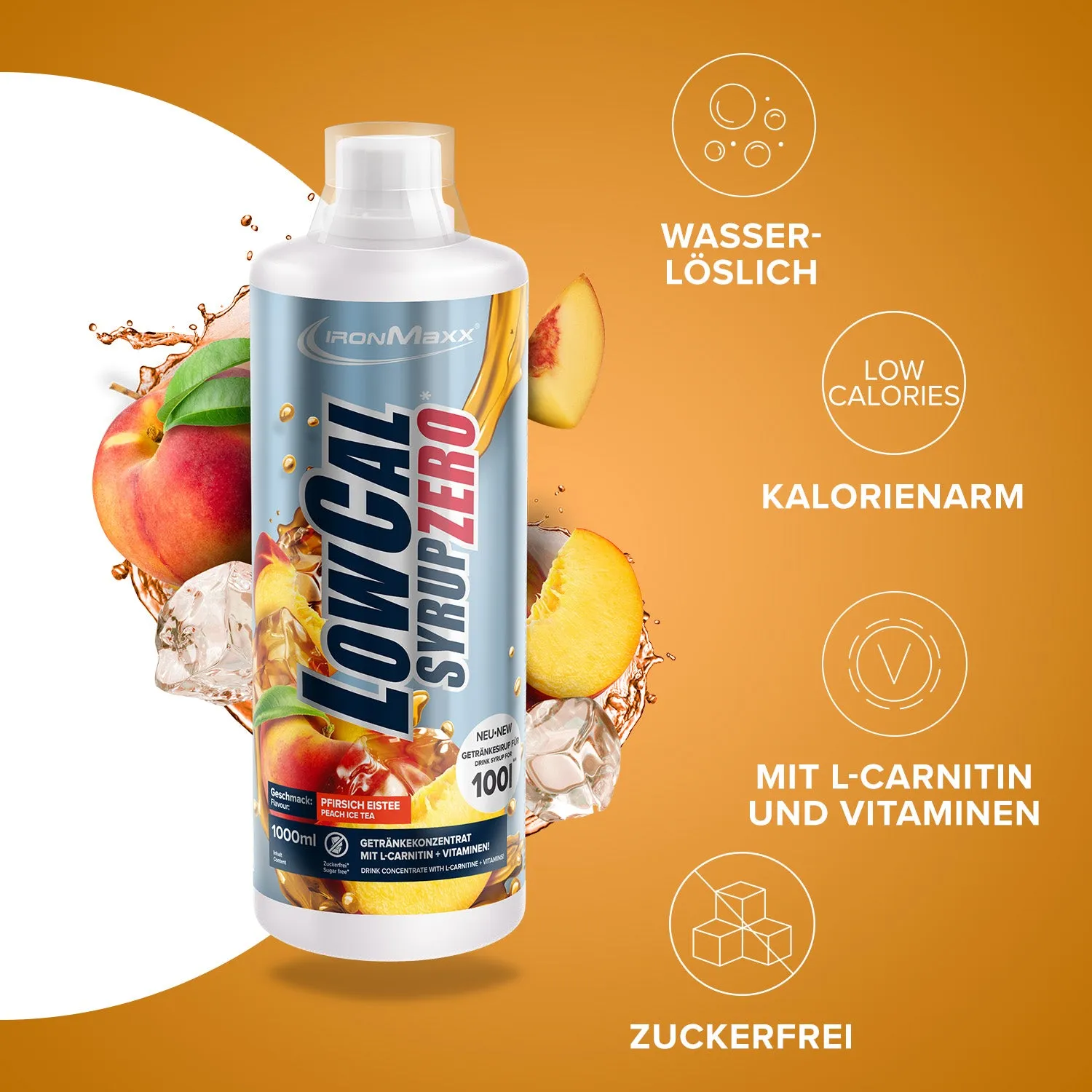 IronMaxx LowCal Syrup Zero Sirup 1000ml Pfirsich-Eistee