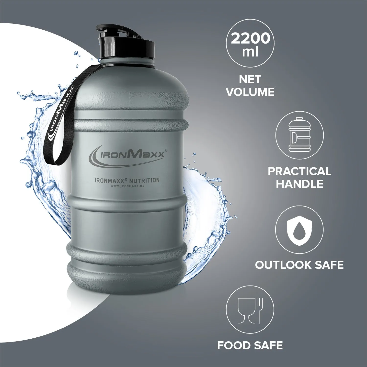 IronMaxx Water Gallon Trinkflasche 2200ml Frosted Ash Grey BPA-frei