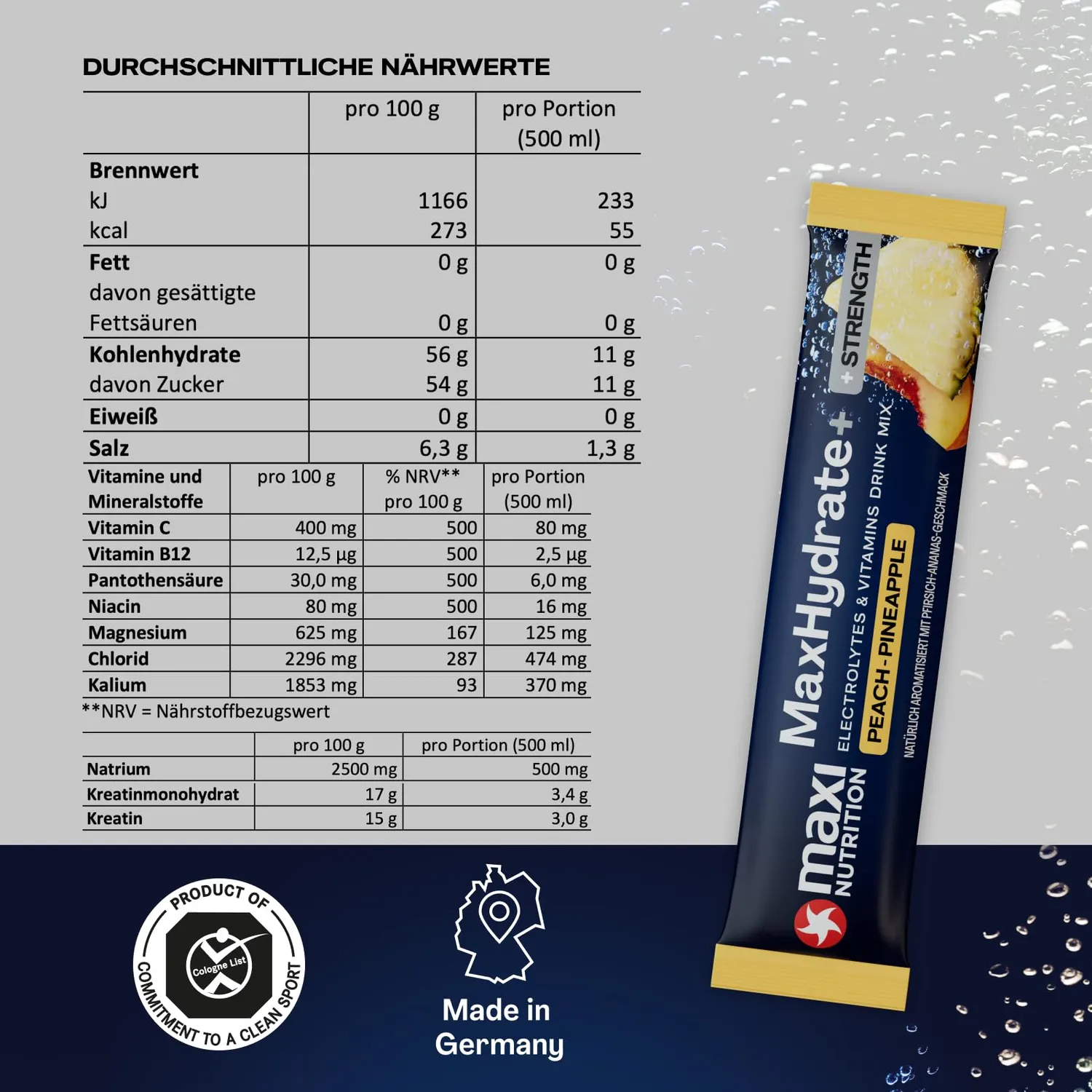 MaxiNutrition MaxHydrate Strength Elektrolyte Pfirsich Ananas 8 Sticks