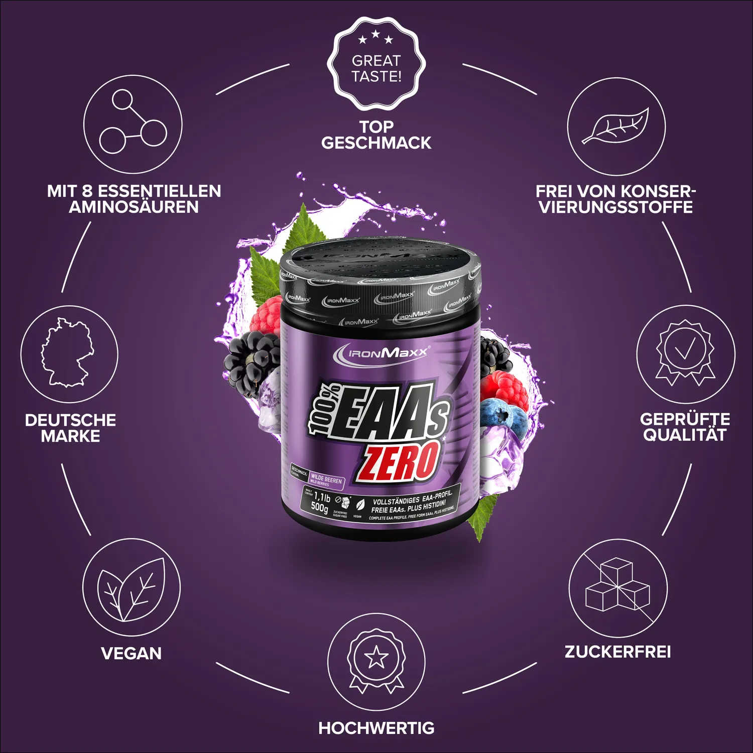 IronMaxx 100% EAAs Zero EAA Pulver 500g Wild Berries