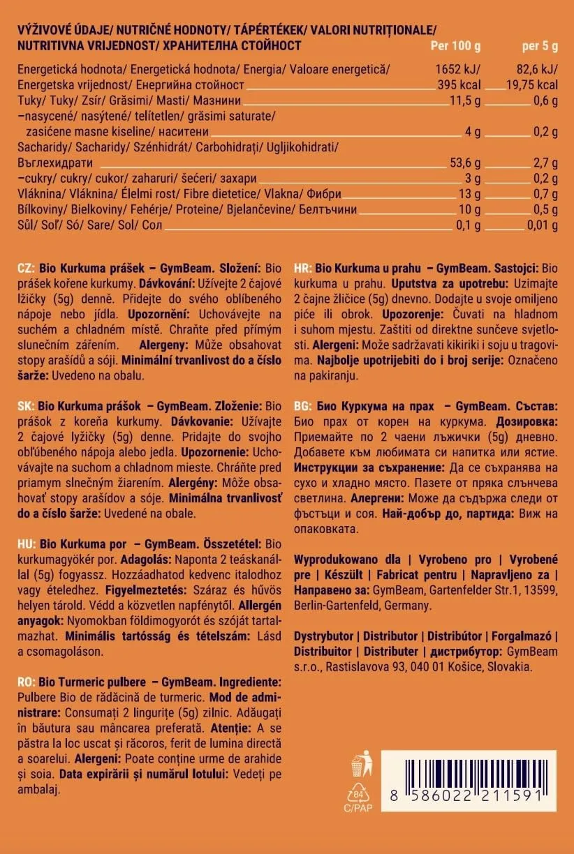 GymBeam Bio Kurkuma Pulver 250 g glutenfrei