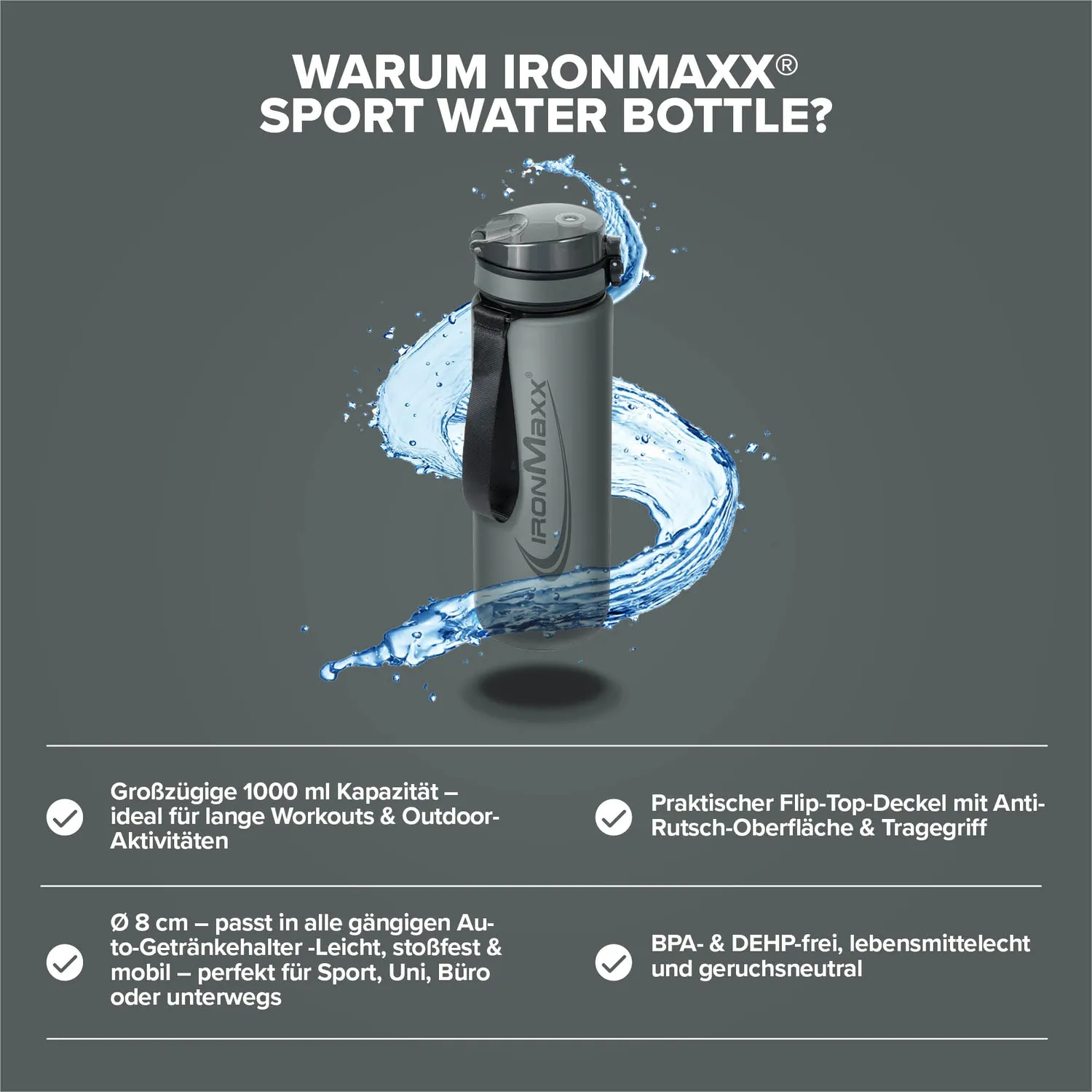 IronMaxx Sport Water Bottle Trinkflasche 1000ml Ash Grey