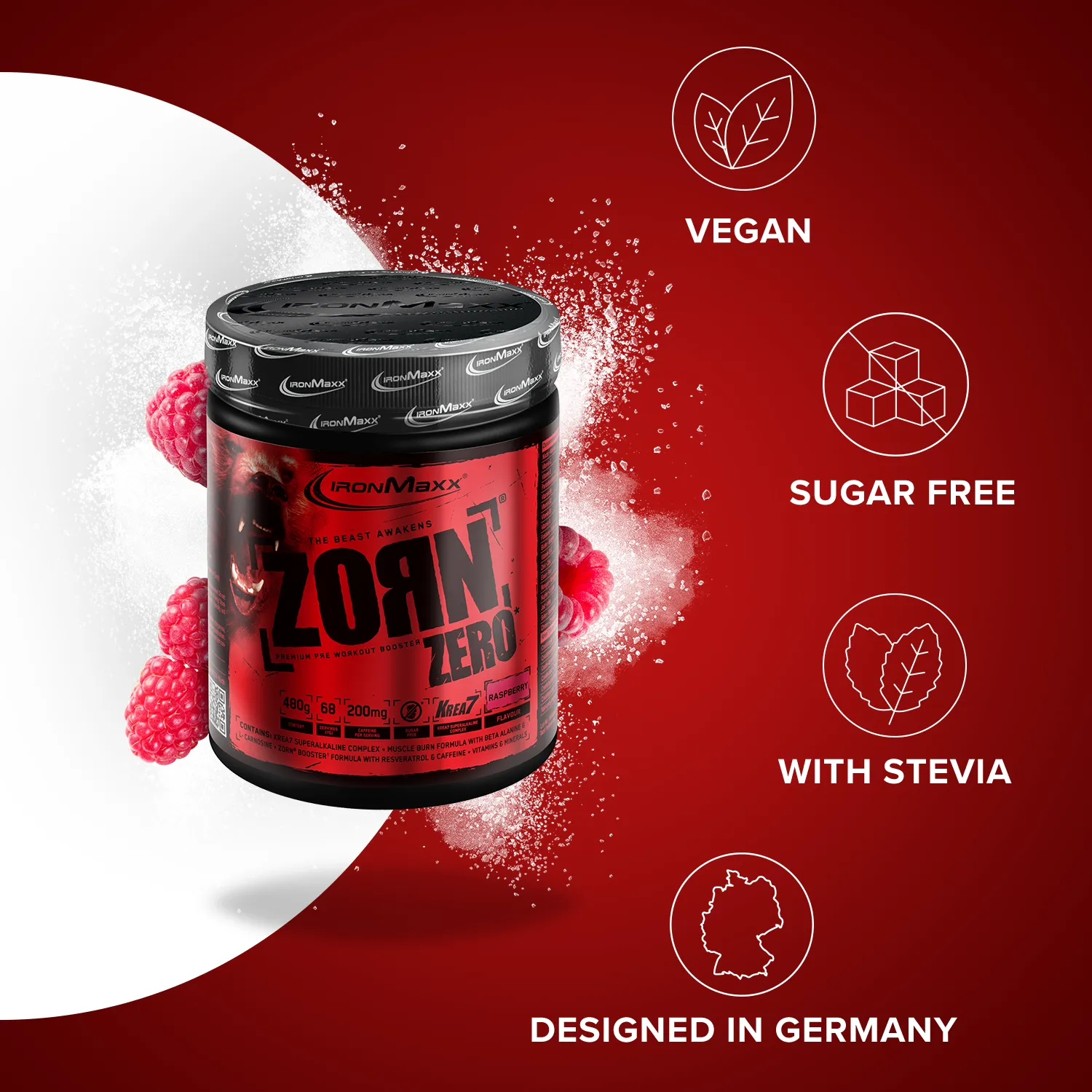 IronMaxx Zorn Pre-Workout Booster Himbeere 480g zuckerfrei