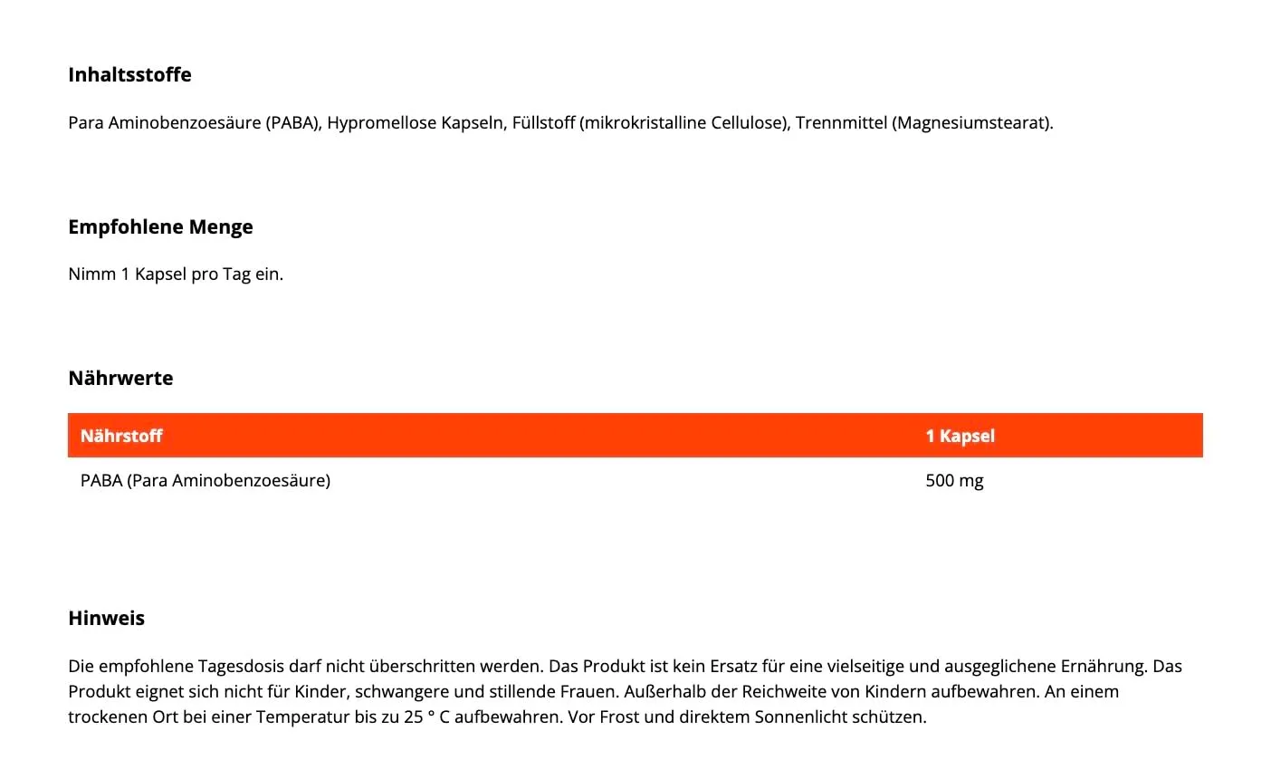 GymBeam PABA Kapseln 500 mg vegan Haut Haare