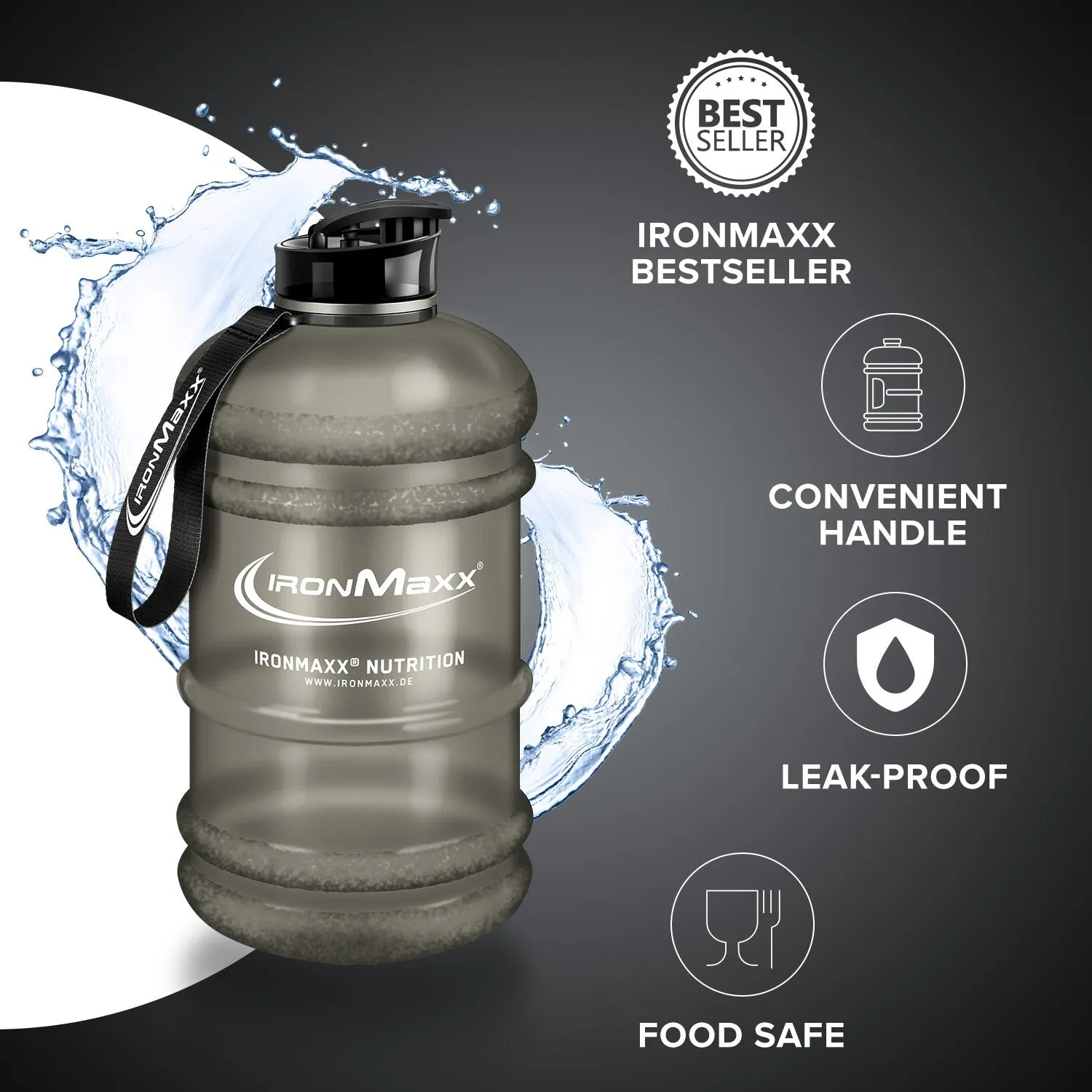 IronMaxx Water Gallon Trinkflasche 2200ml Matt Grau