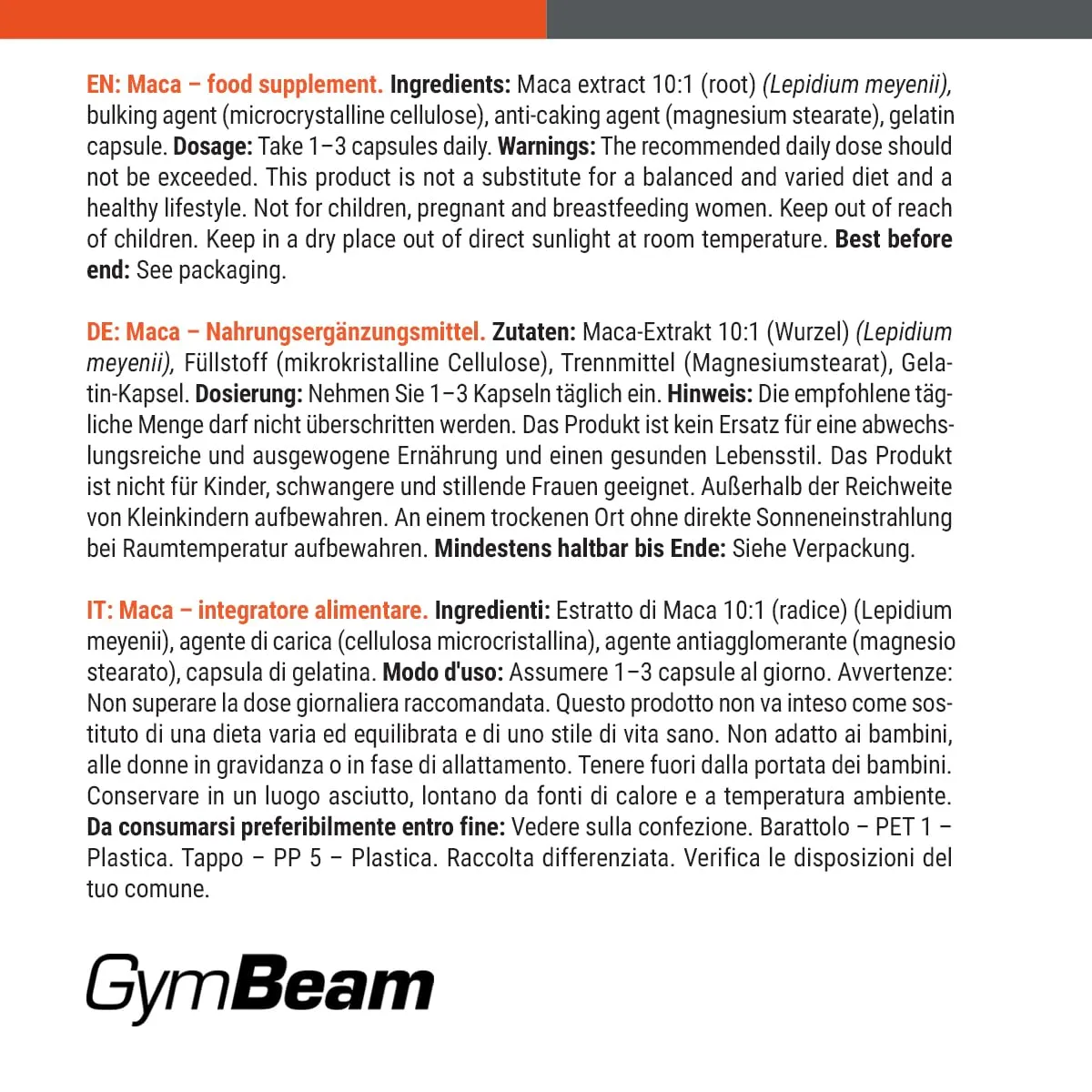 GymBeam Maca Kapseln 120 Stück 10:1 Extrakt hochdosiert