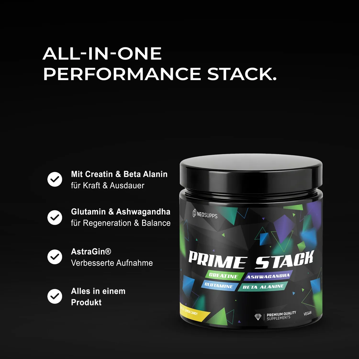 Neosupps Prime Stack Creatin Pulver Lemon Candy 450g vegan