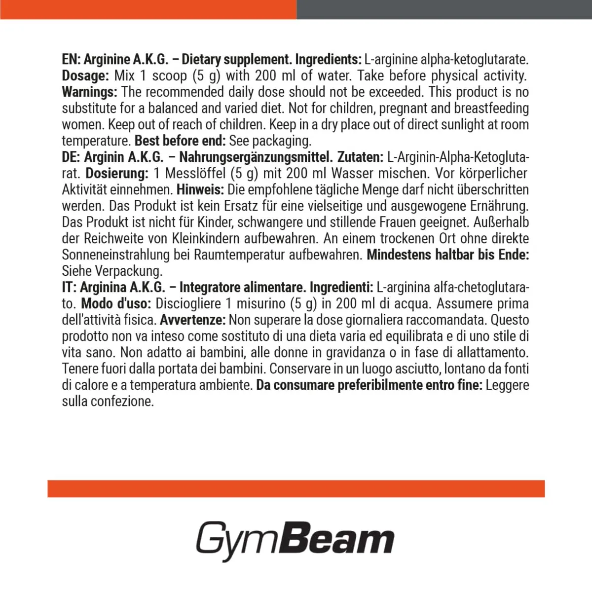 GymBeam Arginin A.K.G. Pulver neutral 500 g hochdosiert