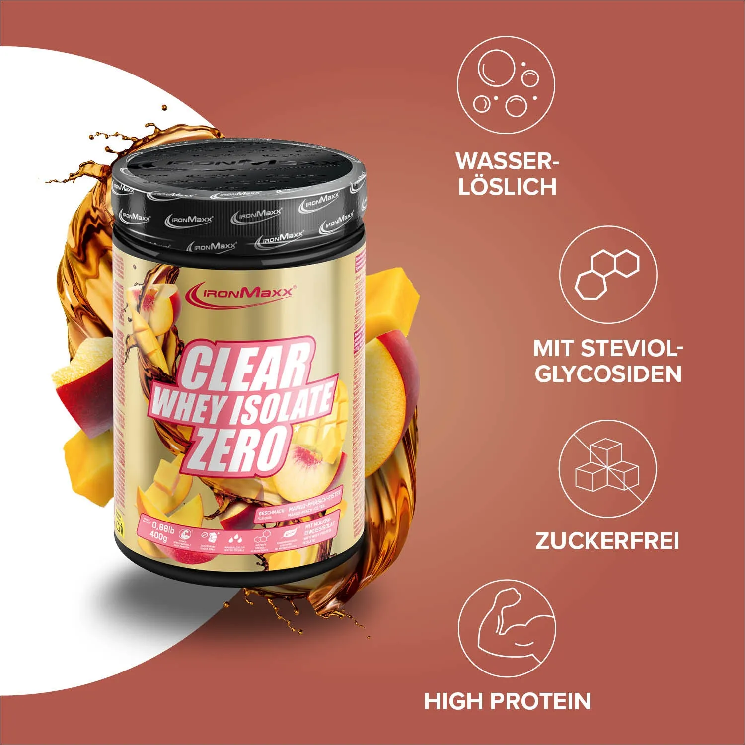 IronMaxx Clear Whey Isolate Zero Mango Peach Ice Tea Proteinpulver 400g