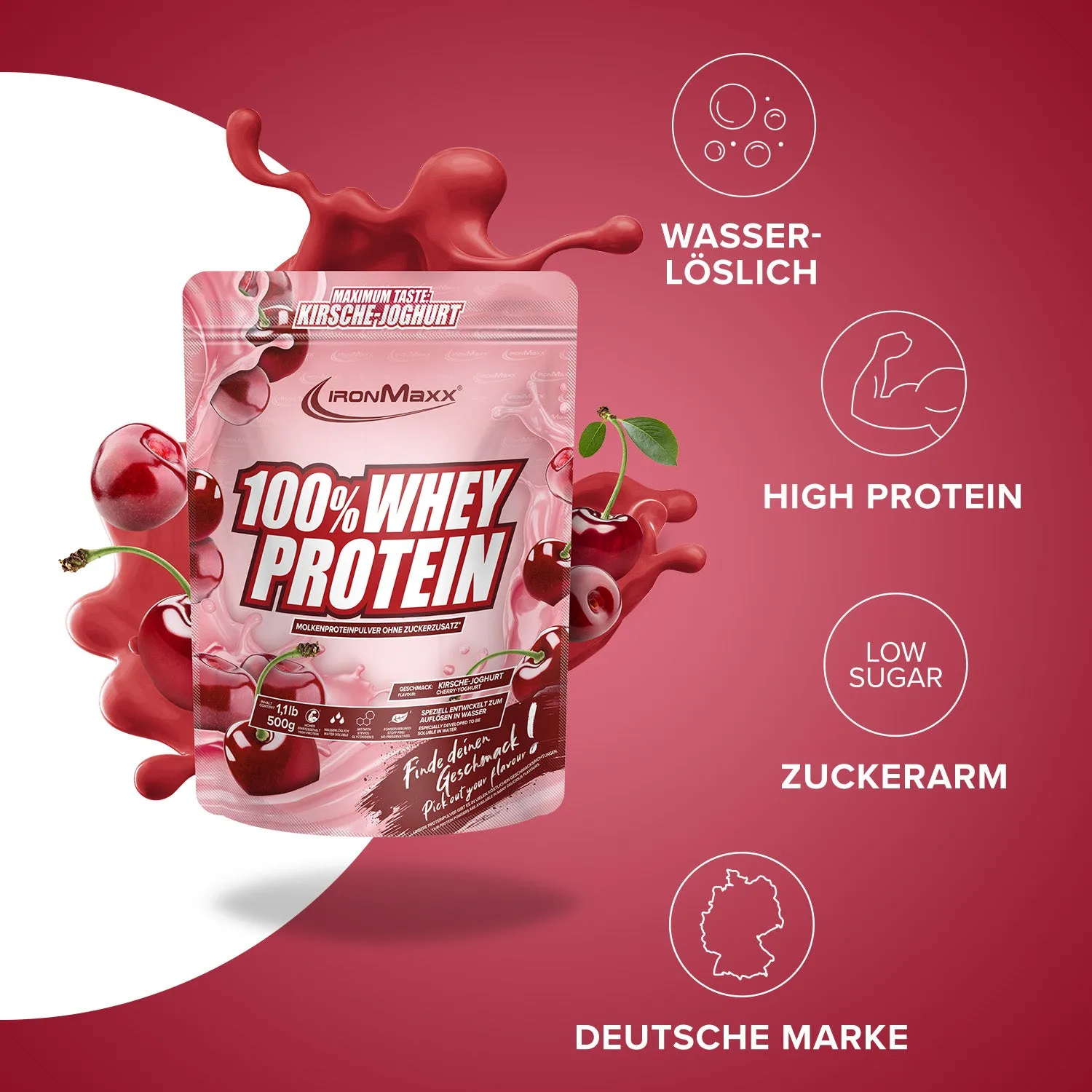 IronMaxx 100% Whey Protein 500g Kirsche Yoghurt 80% Eiweiß