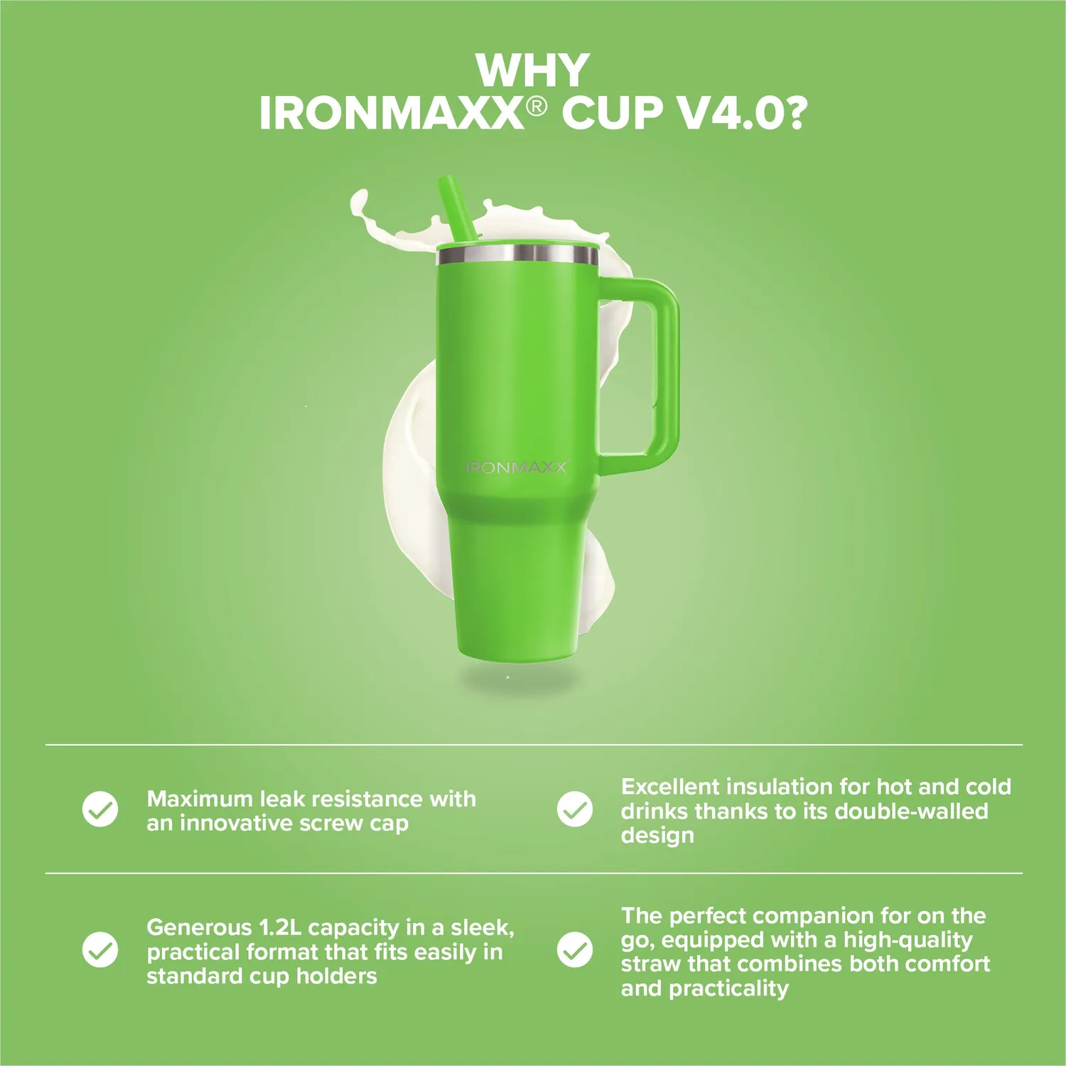 IronMaxx Cup V4.0 Becher 1200ml Active Green doppelwandig