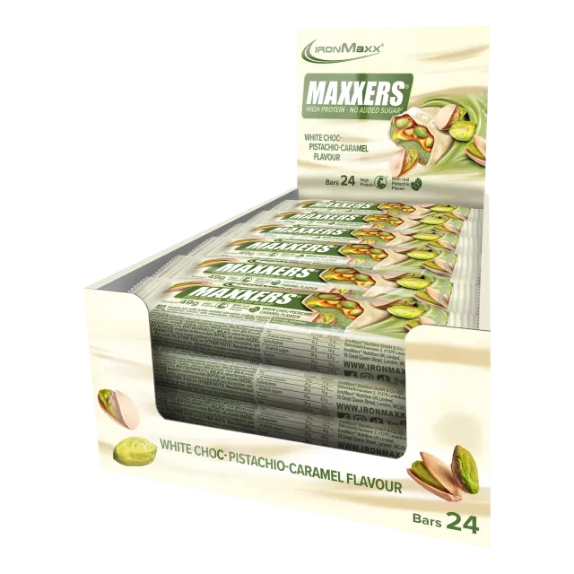 IronMaxx Maxxers Proteinriegel White Choc Pistachio Caramel 24x49g
