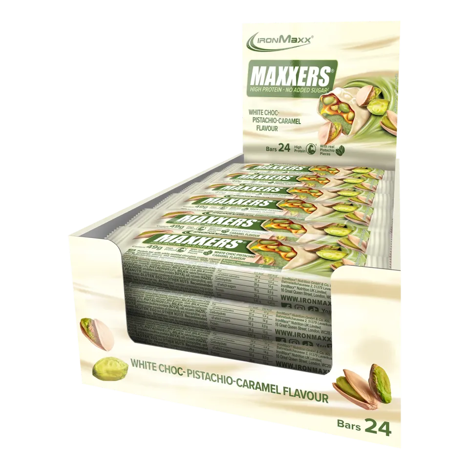IronMaxx Maxxers Proteinriegel White Choc Pistachio Caramel 24x49g