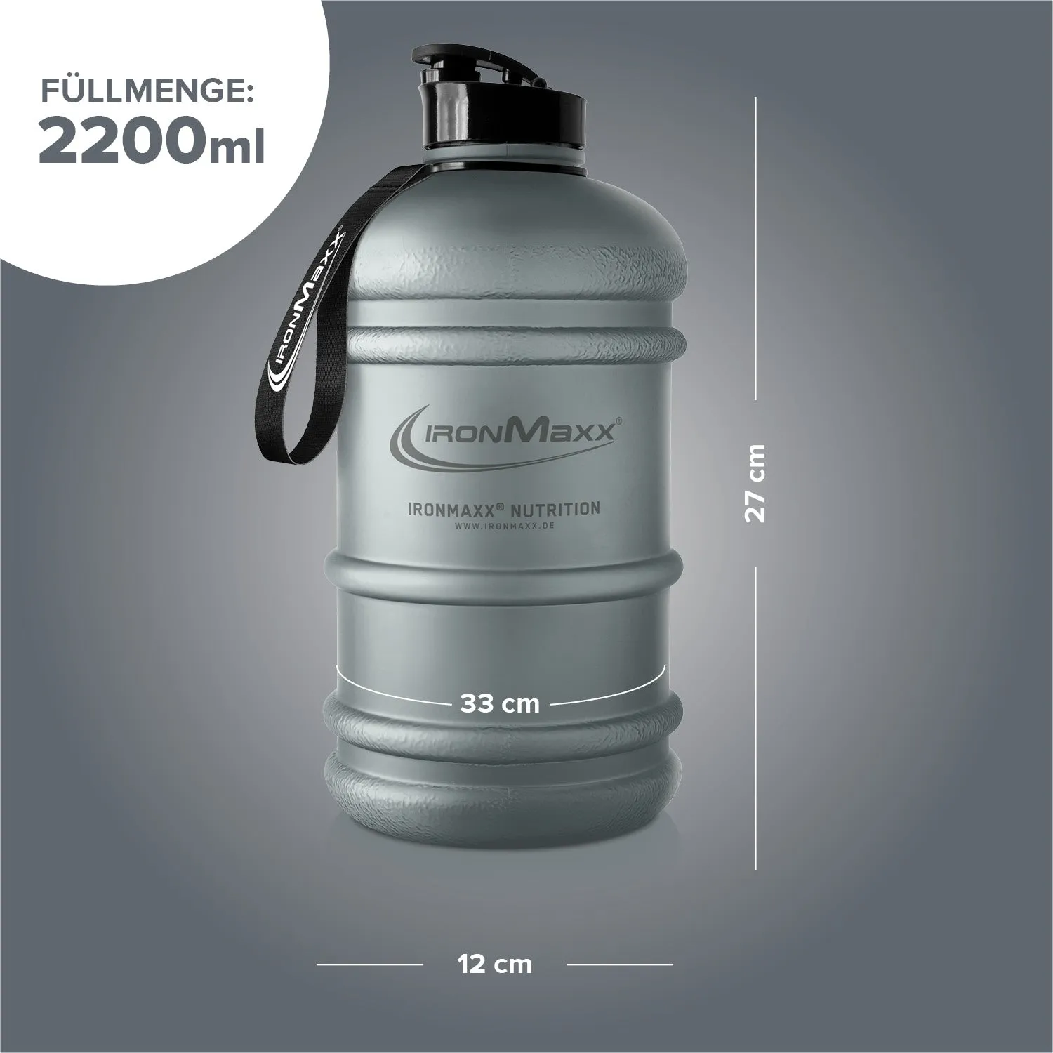 IronMaxx Water Gallon Trinkflasche 2200ml Frosted Ash Grey BPA-frei