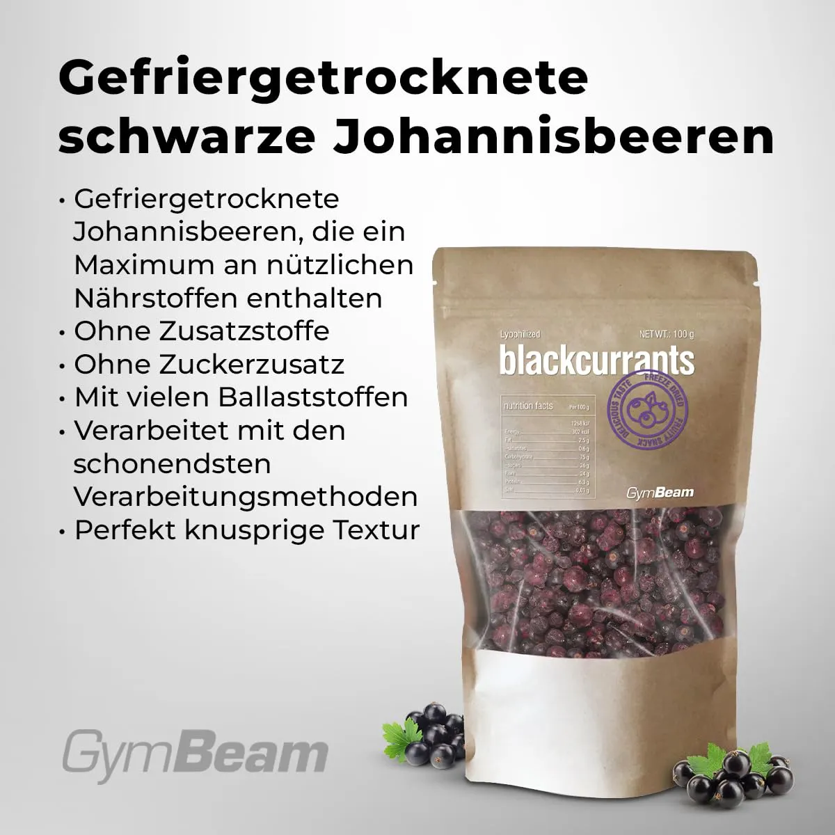 GymBeam Schwarze Johannisbeeren gefriergetrocknet 100g zuckerfrei