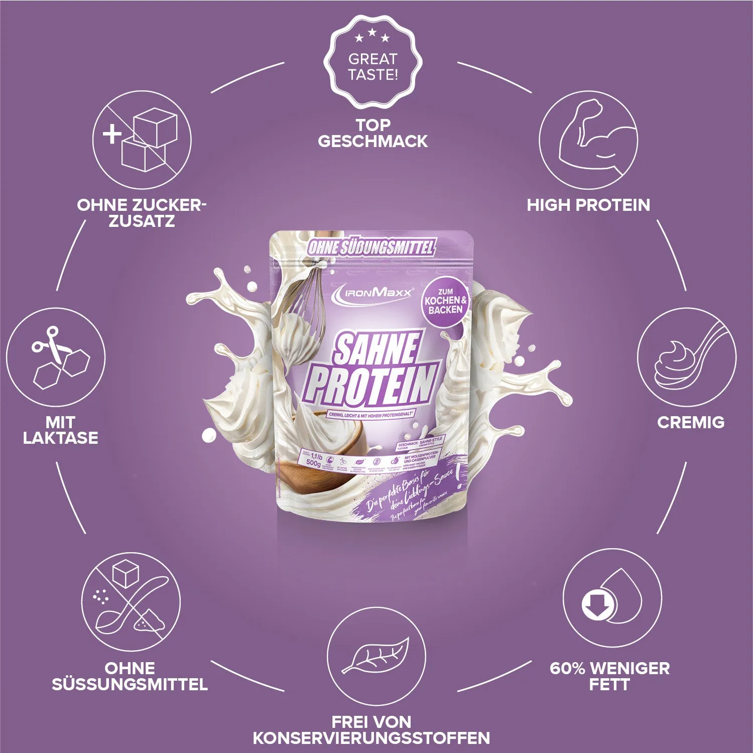 IronMaxx Sahne Protein Pulver 500g Sahne 76% Protein