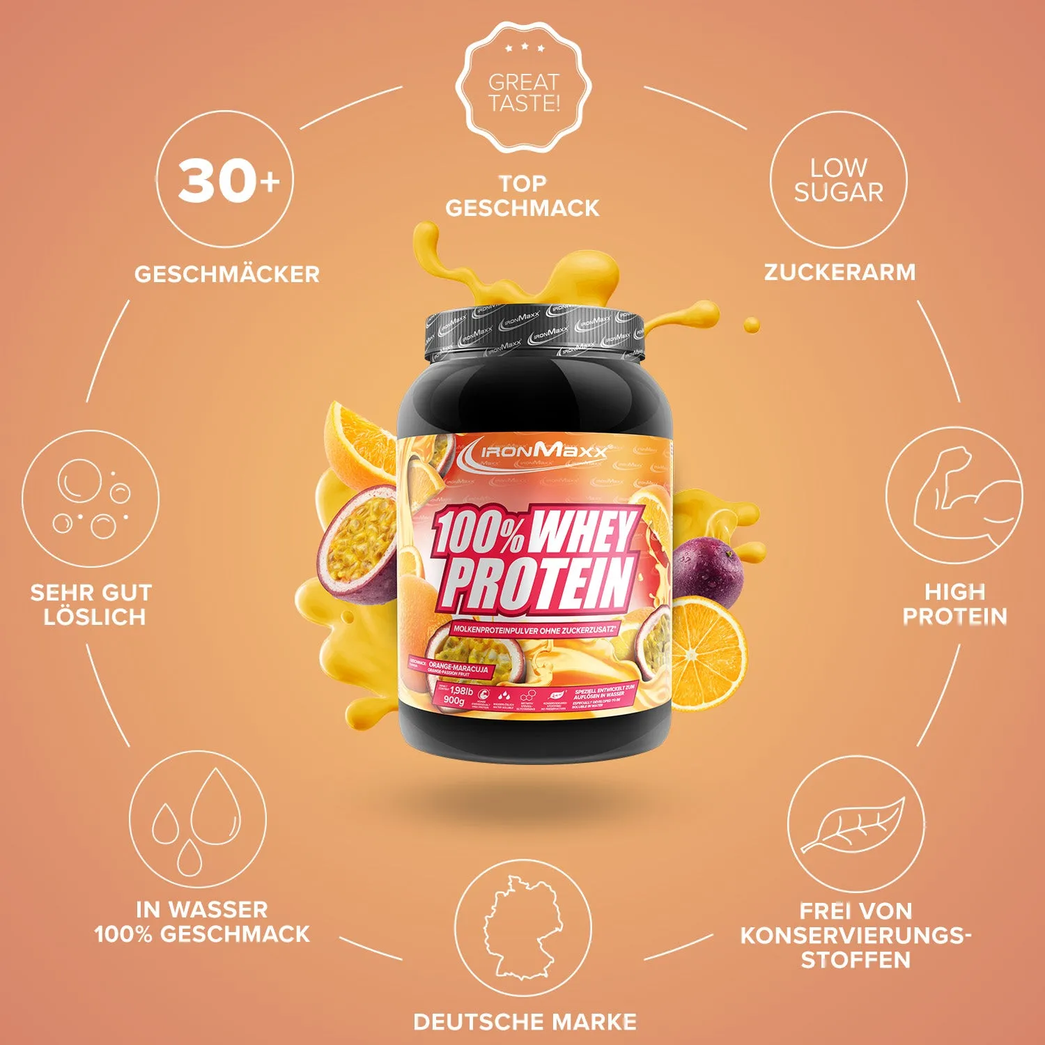 IronMaxx 100% Whey Protein Orange-Maracuja 900g zuckerfrei
