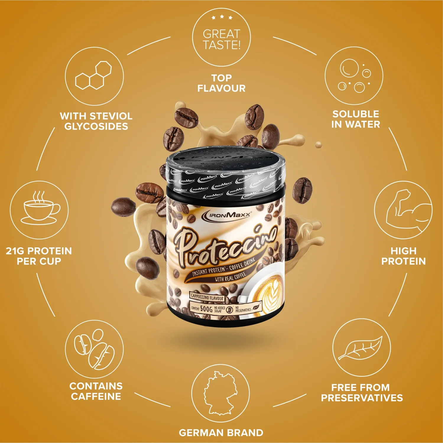 IronMaxx Proteccino Cappuccino Protein Kaffee 500g koffeinhaltig