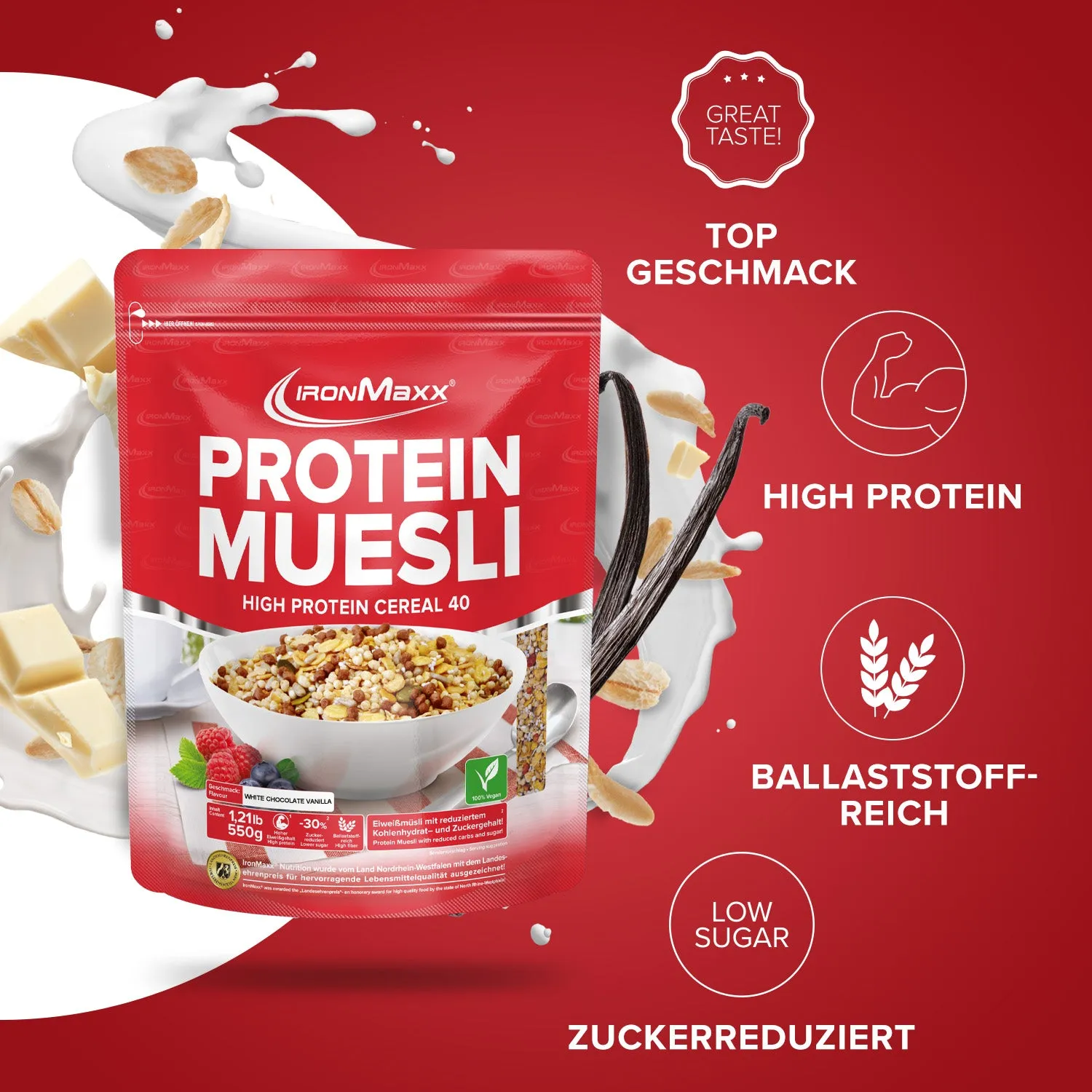 IronMaxx Protein Müsli White Chocolate Vanilla 550g vegan