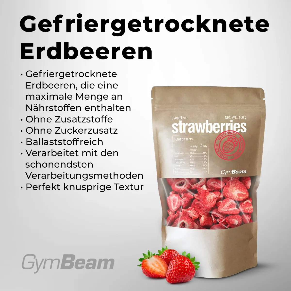GymBeam Gefriergetrocknete Erdbeeren 100g zuckerfrei