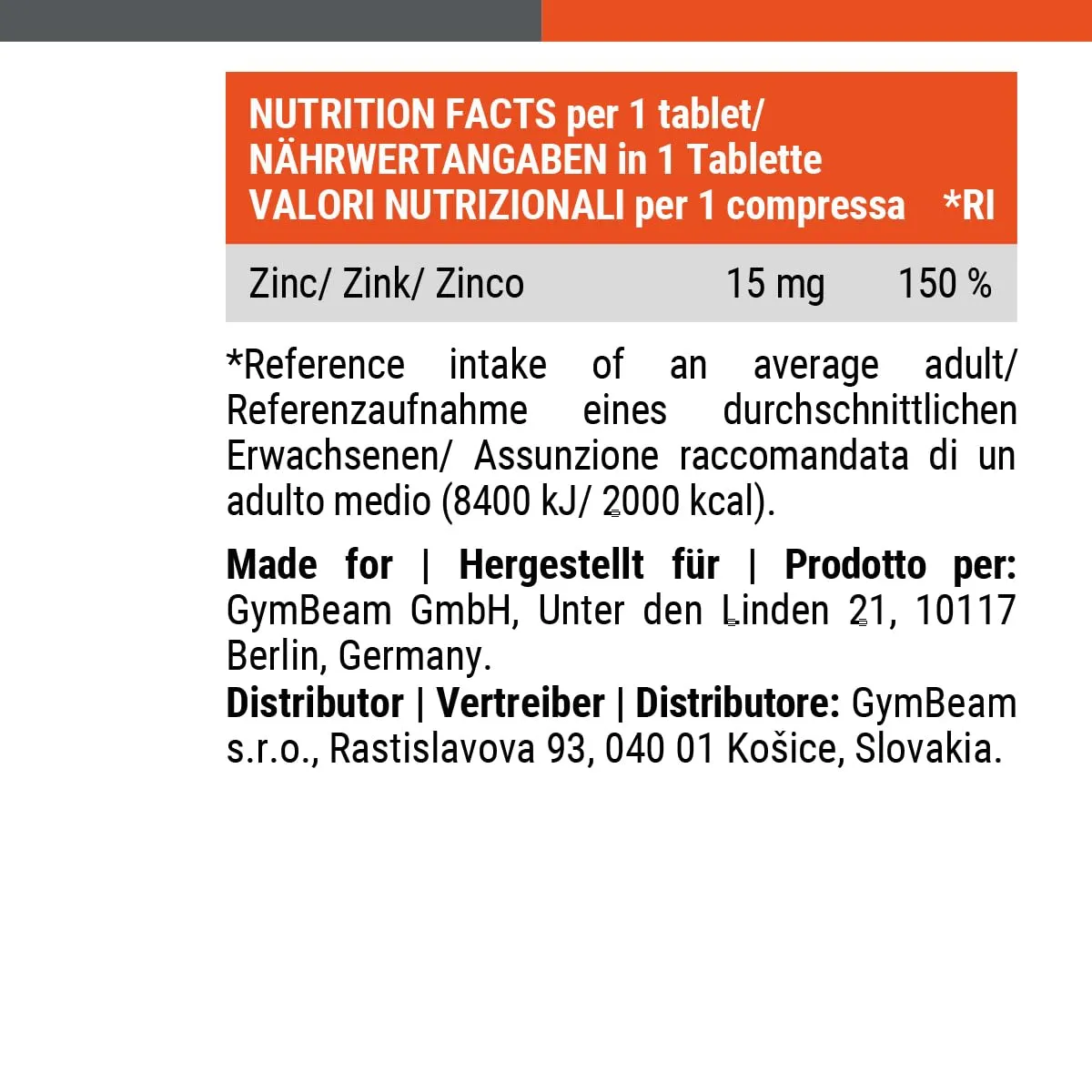 GymBeam Zink Tabletten 90 Stück 15mg für Immunsystem
