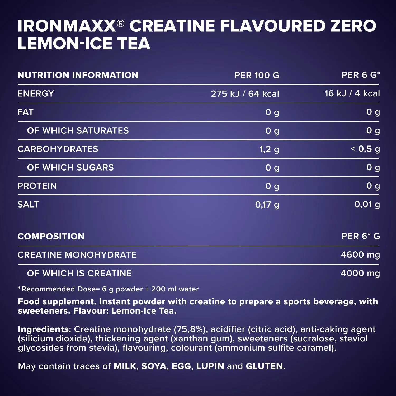 IronMaxx Creatine Flavoured Zero Kreatin Lemon Ice Tea 250g