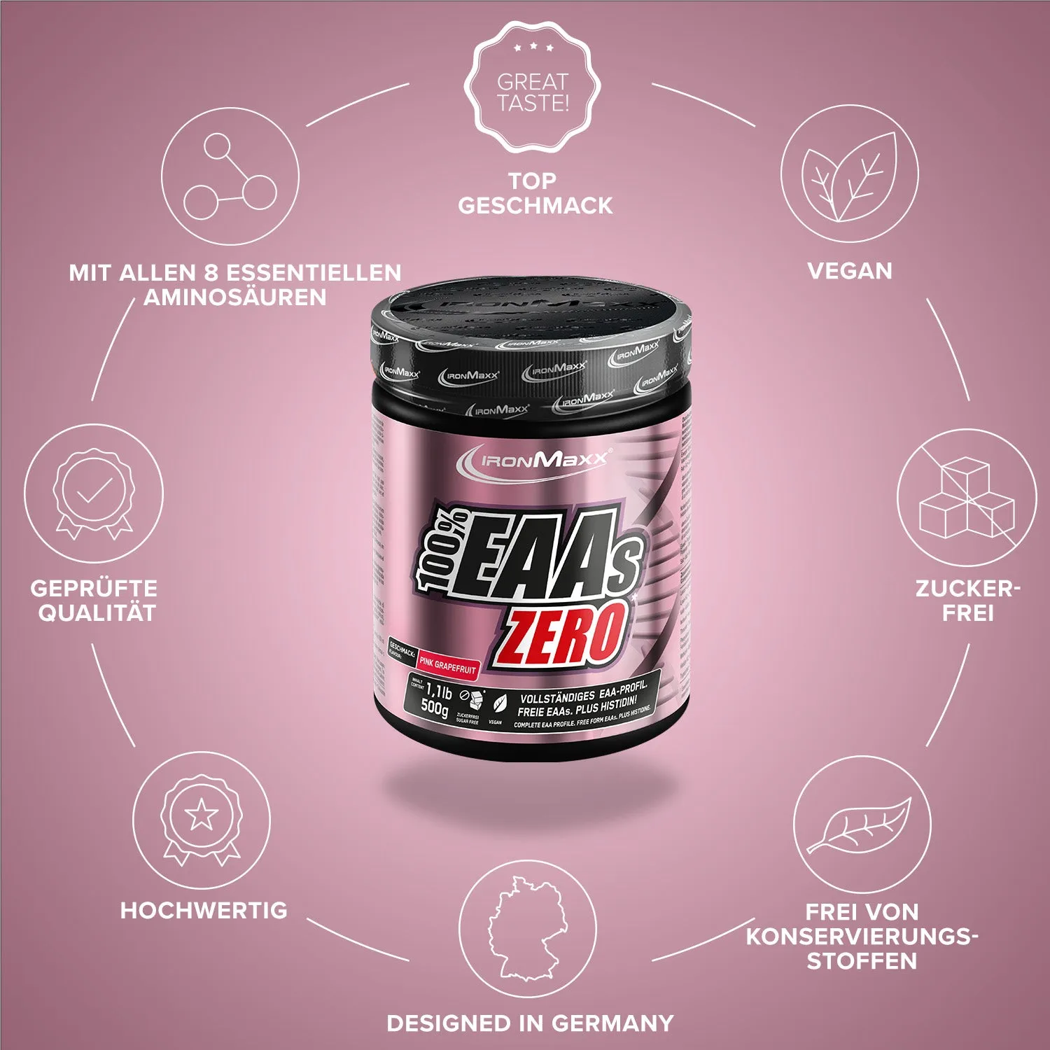 IronMaxx 100% EAAs Zero EAA Pulver 500g Pink Grapefruit