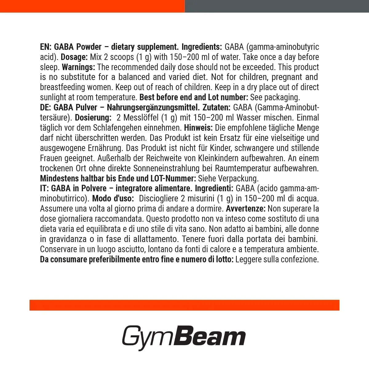 GymBeam GABA Pulver 500 g für Schlaf & Entspannung