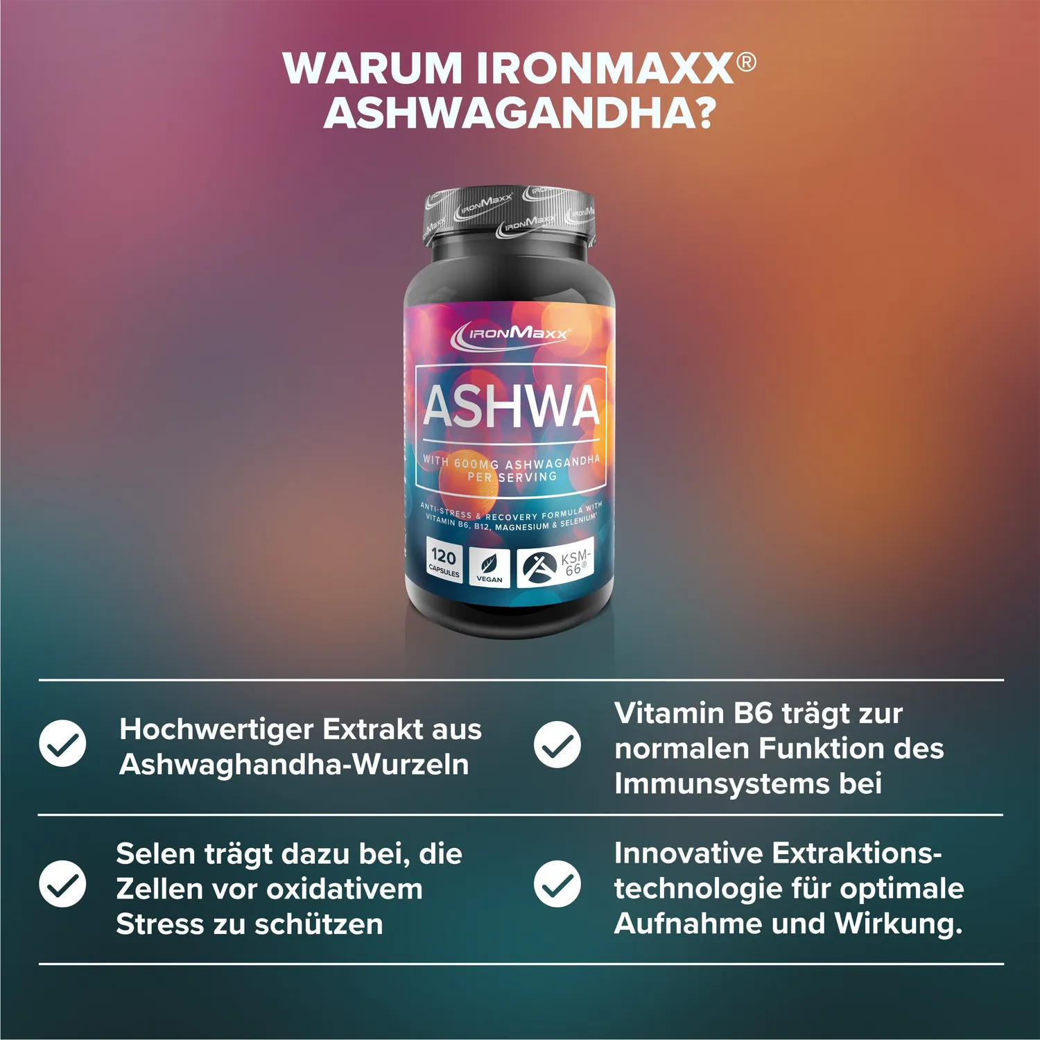 IronMaxx Ashwagandha KSM-66 Kapseln 120 Stück mit Magnesium