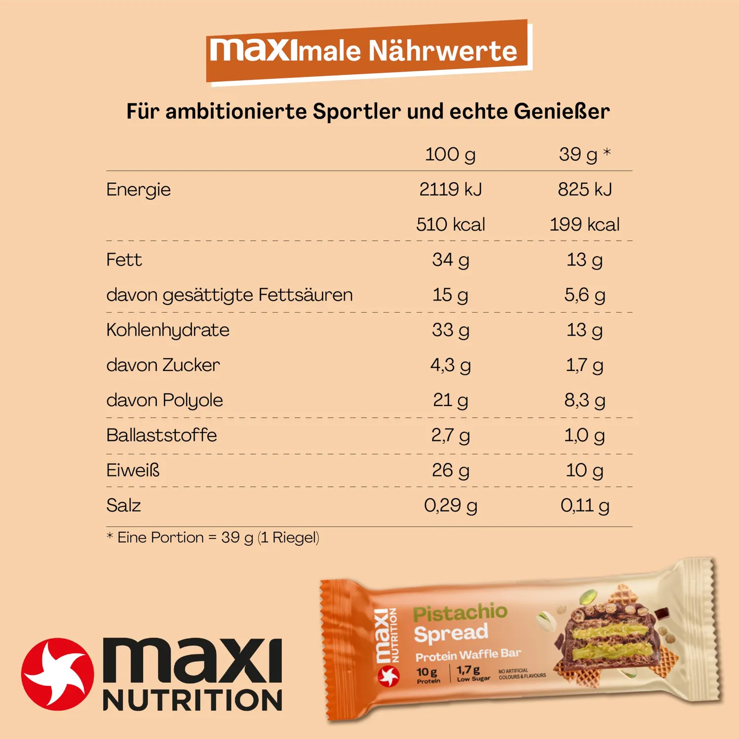 MaxiNutrition Pistachio Spread Protein Waffle Eiweißriegel 12x39g zuckerarm