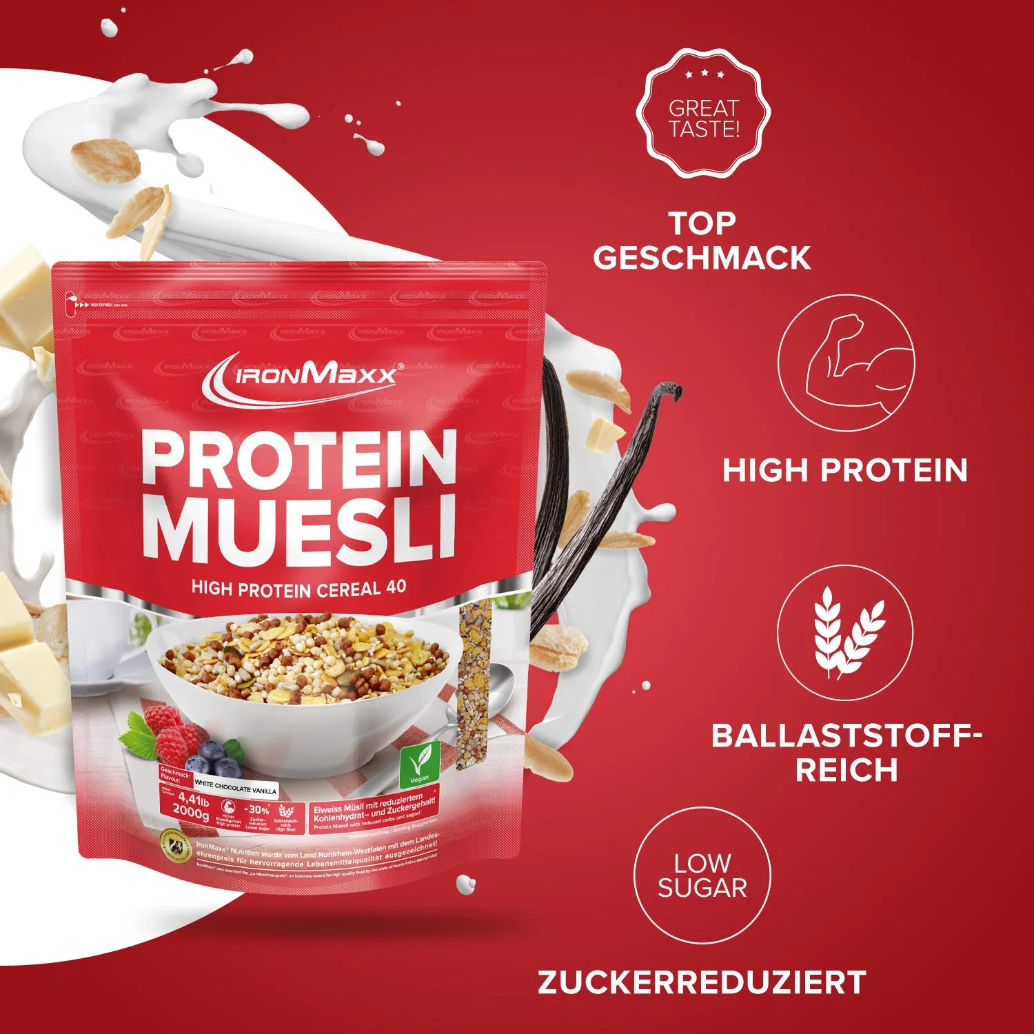 IronMaxx Protein Müsli 2000g White Chocolate Vanilla proteinreich