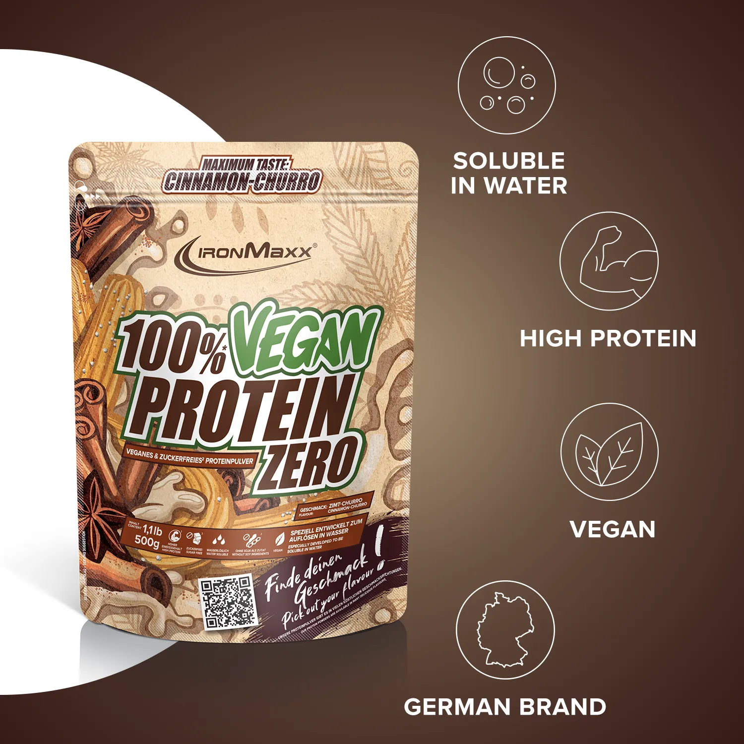 IronMaxx 100% Vegan Protein Zero Pulver 500g Cinnamon Churro